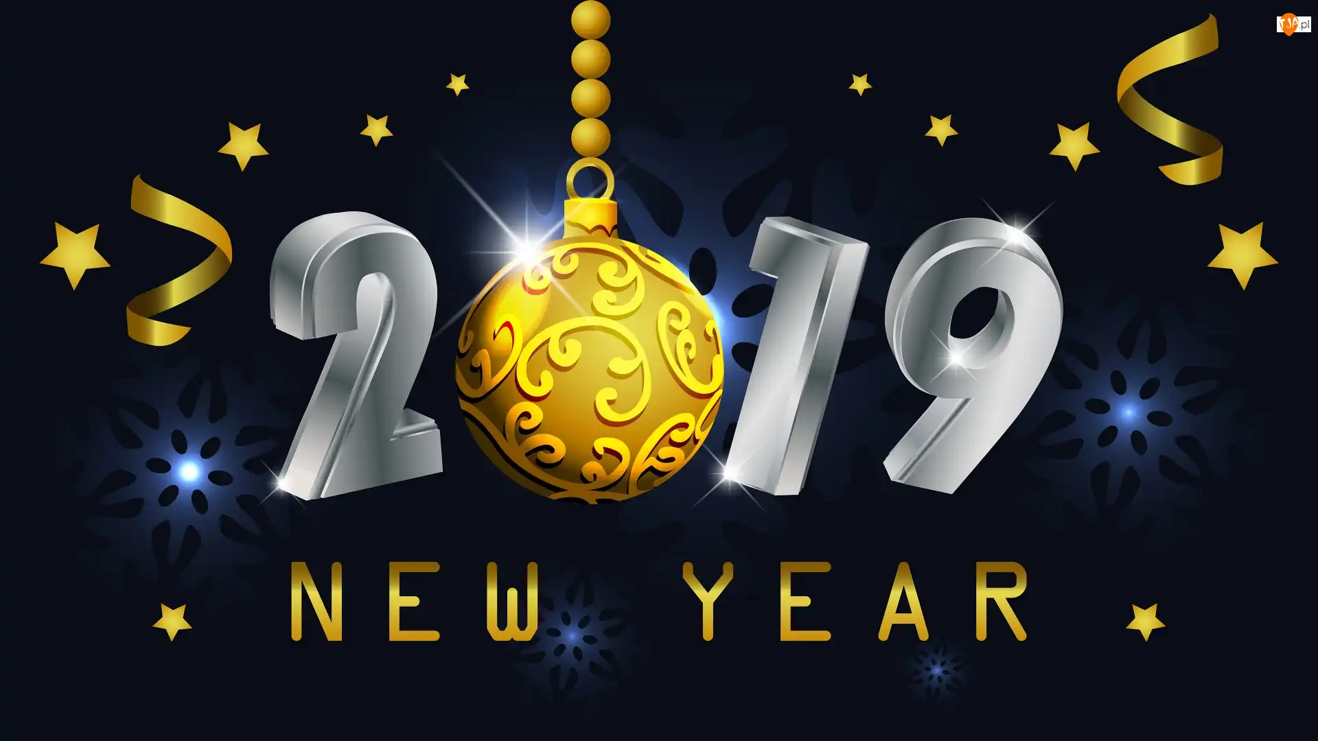 New Year, Gwiazdki, Napis, Nowy Rok 2019, Bombka