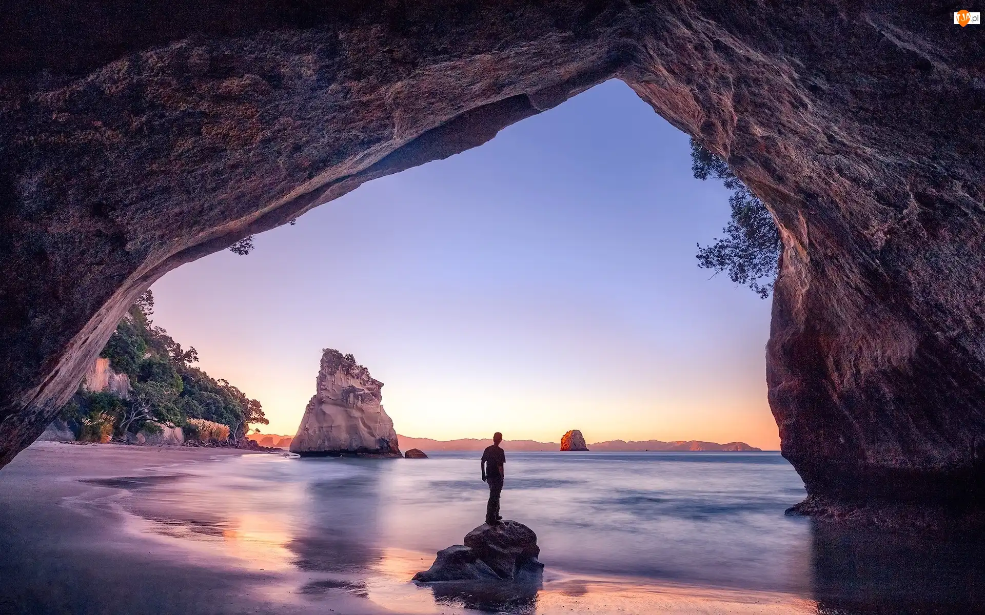 Półwysep Coromandel, Cathedral Cove, Morze, Region Waikato, Jaskinia, Skały, Nowa Zelandia, Człowiek