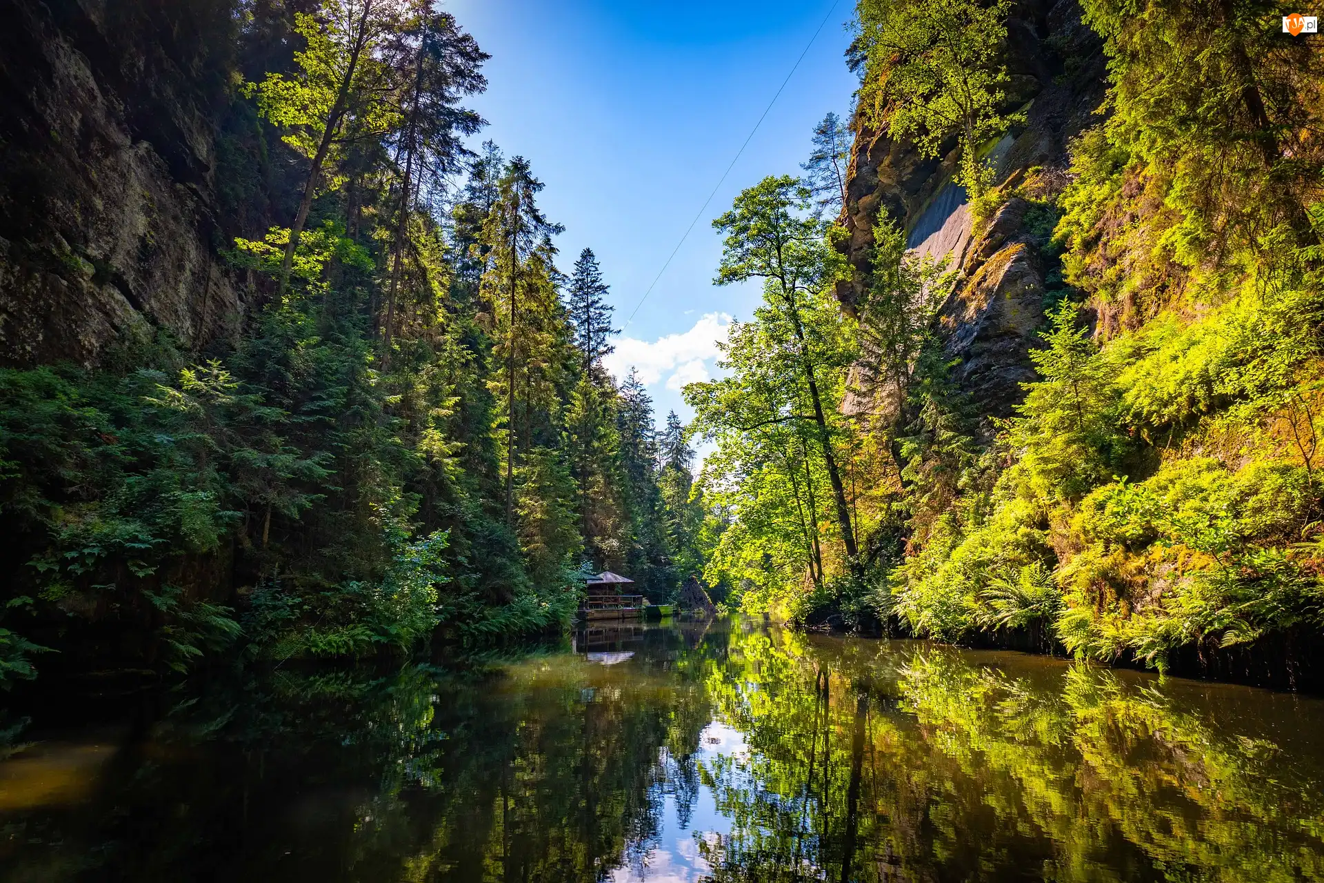 Skały, Dom, Wąwóz, Rzeka, Drzewa