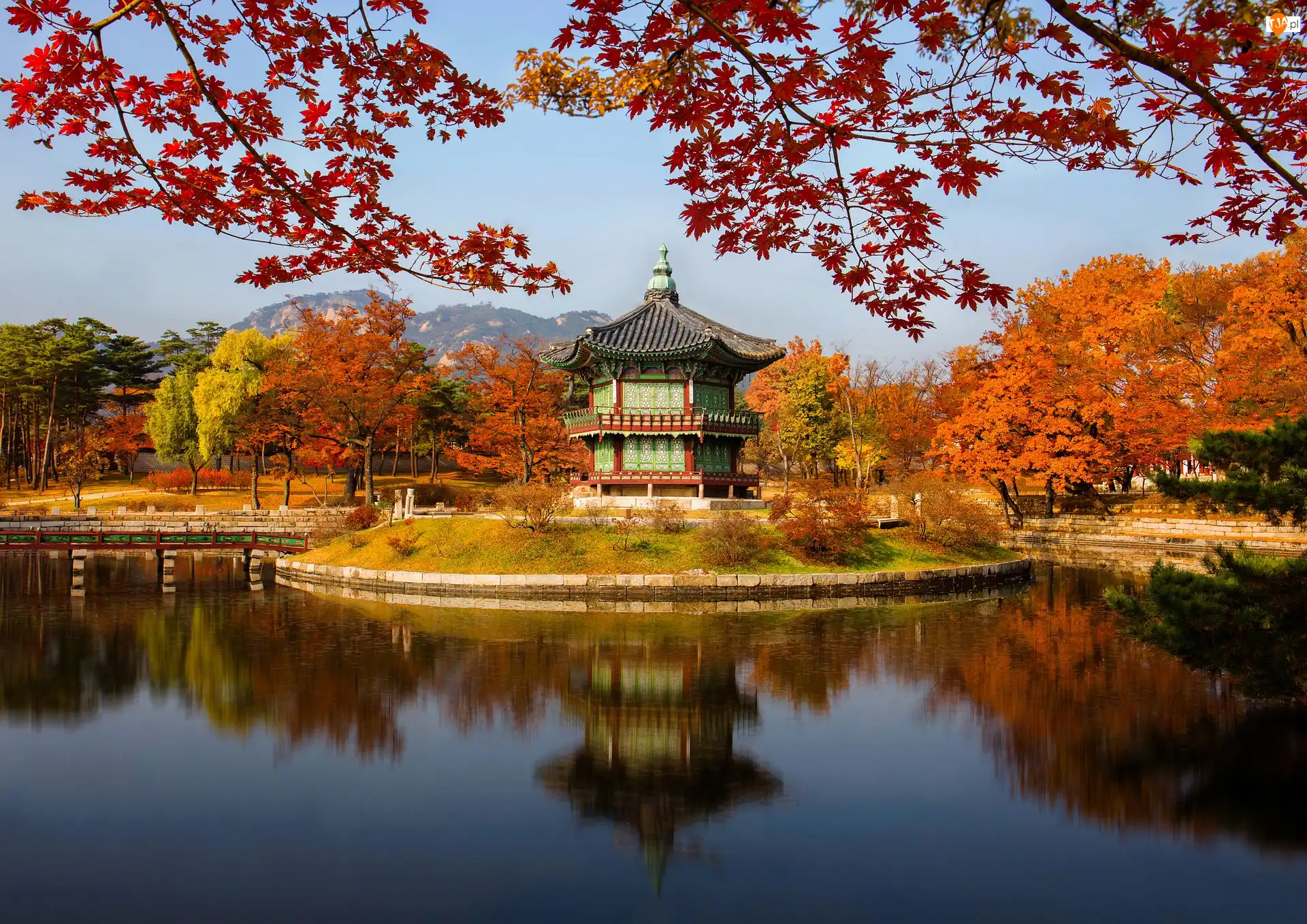 Park, Drzewa, Korea Południowa, Pawilon Hyangwonjeong, Seul, Jesień, Jezioro
