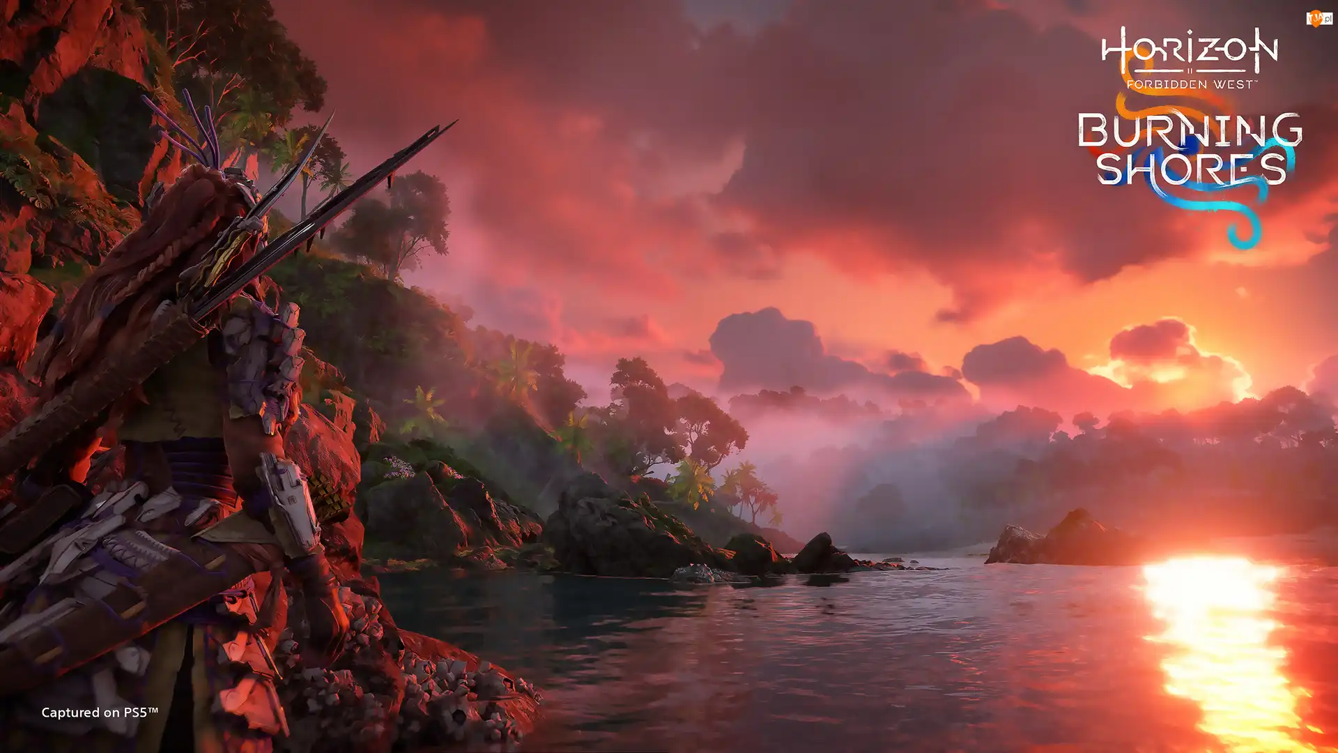 Plakat, Burning Shores, Zachód, Palmy, Słońce, Postać, Aloy, Horizon Forbidden West, Wyspa
