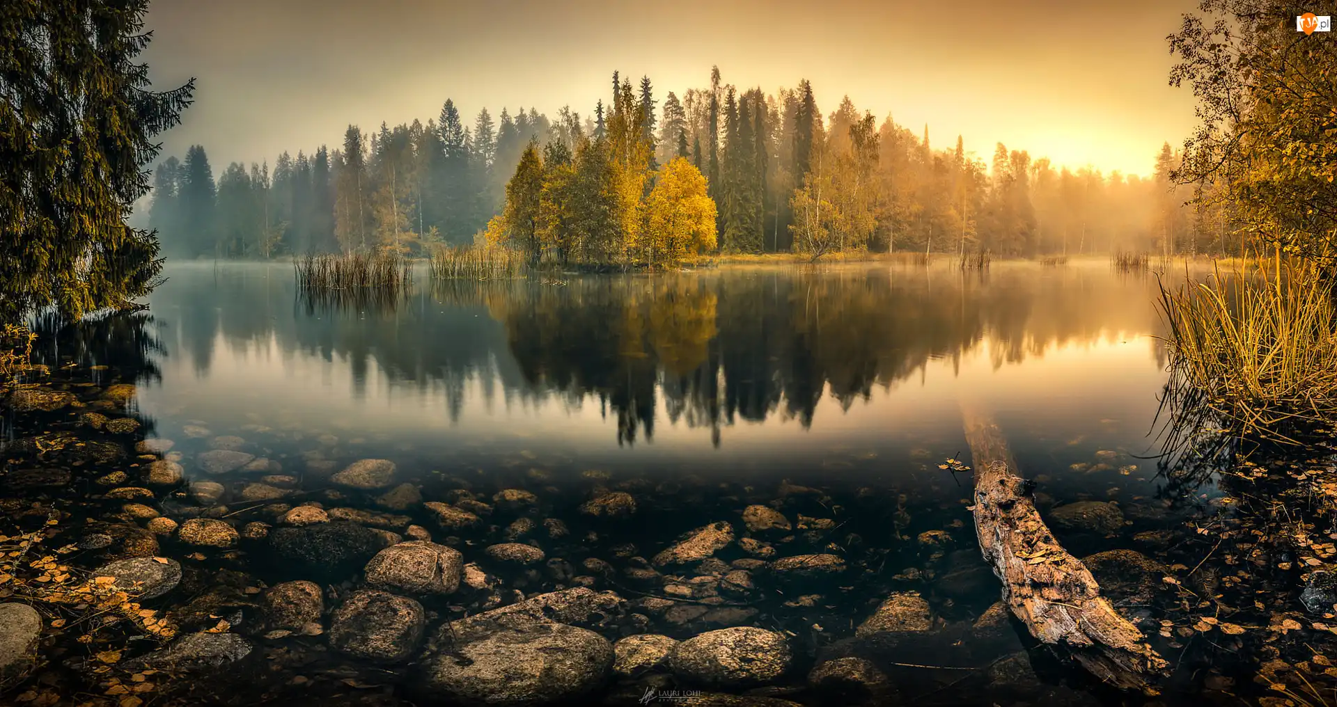Mgła, Kamienie, Jezioro, Jesień, Drzewa