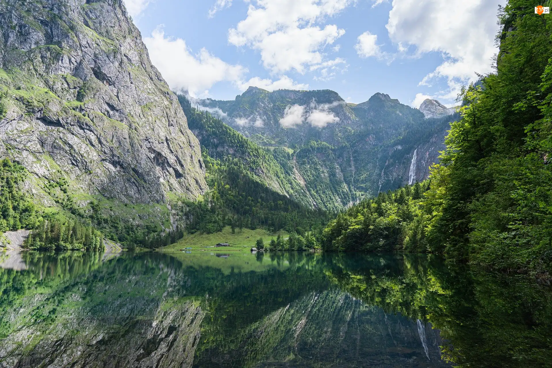 Niemcy, Góry, Bawaria, Drzewa, Odbicie, Alpy, Park Narodowy Berchtesgaden, Jezioro Konigssee, Skały