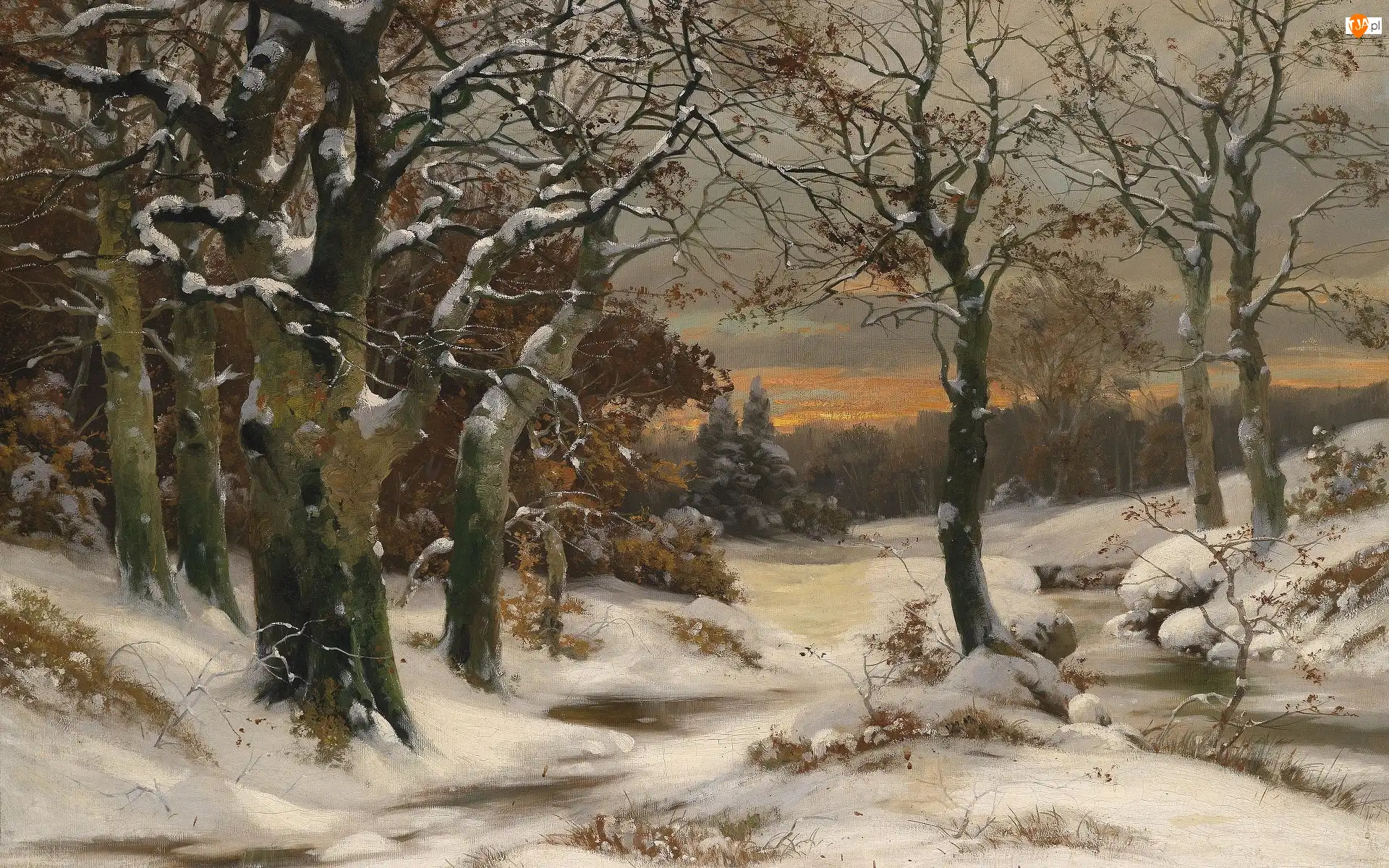 Rzeka, Obraz, Las, Zachód słońca, Malarstwo, Drzewa, Alois Arnegger, Zima