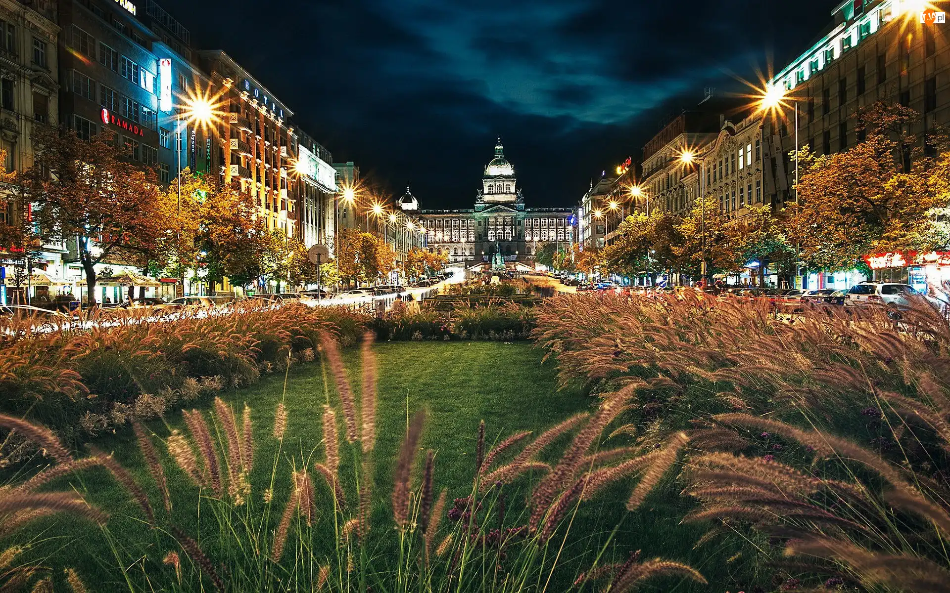 Praga, Czechy, Muzeum Narodowe, Miasto nocą, Plac Wacława, Ulica