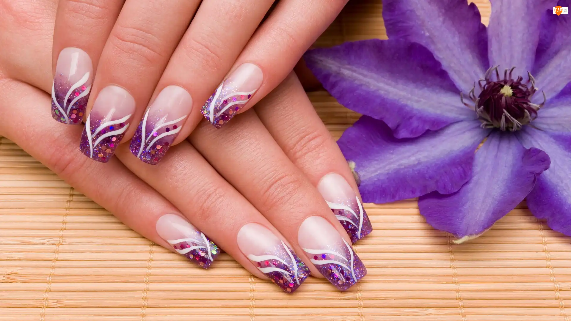 Paznokcie, Kobieta, Fioletowy, Powojnik, Manicure, Kwiat
