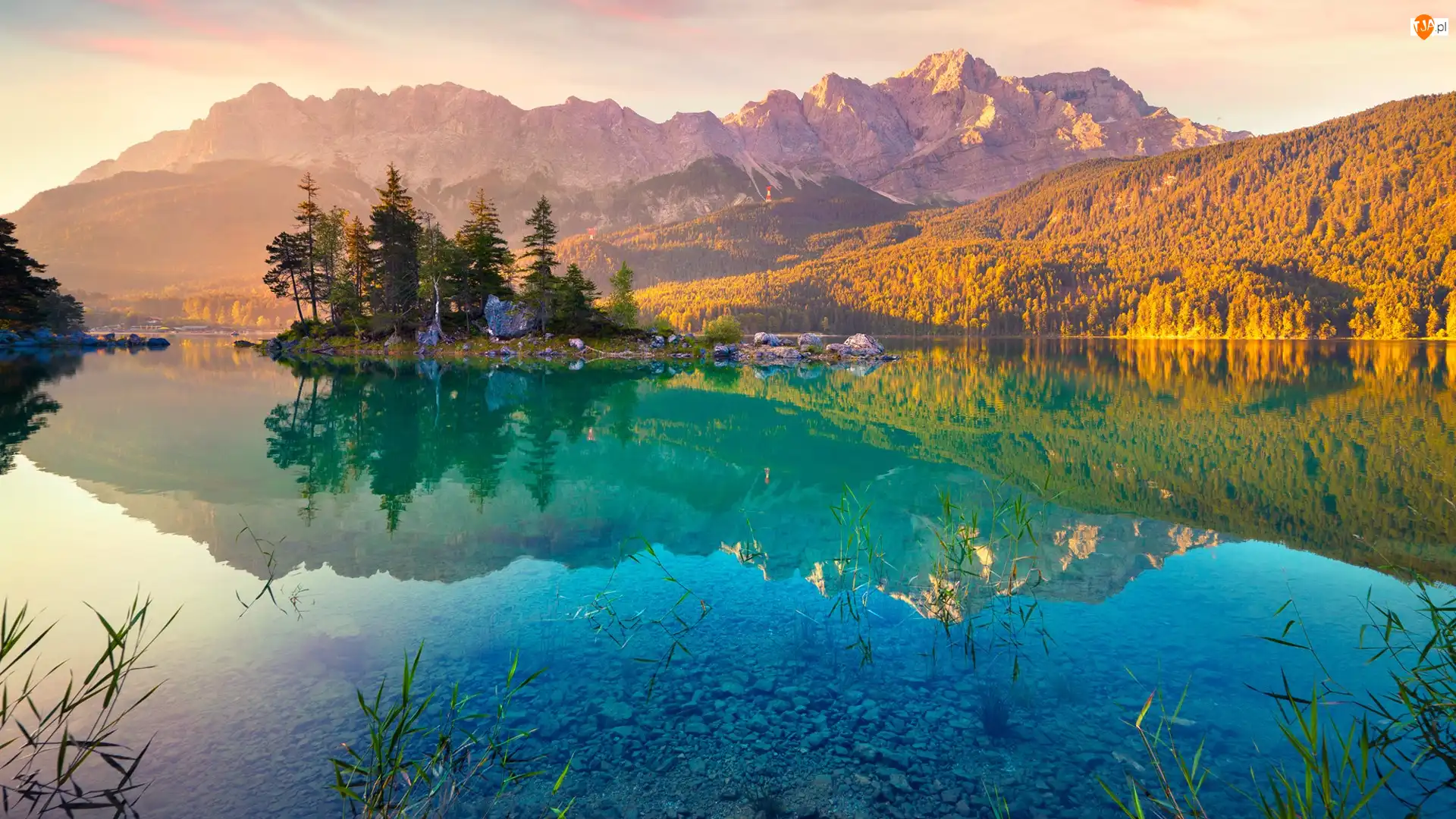 Alpy Bawarskie, Jezioro Eibsee, Niemcy, Góry, Bawaria, Odbicie, Drzewa