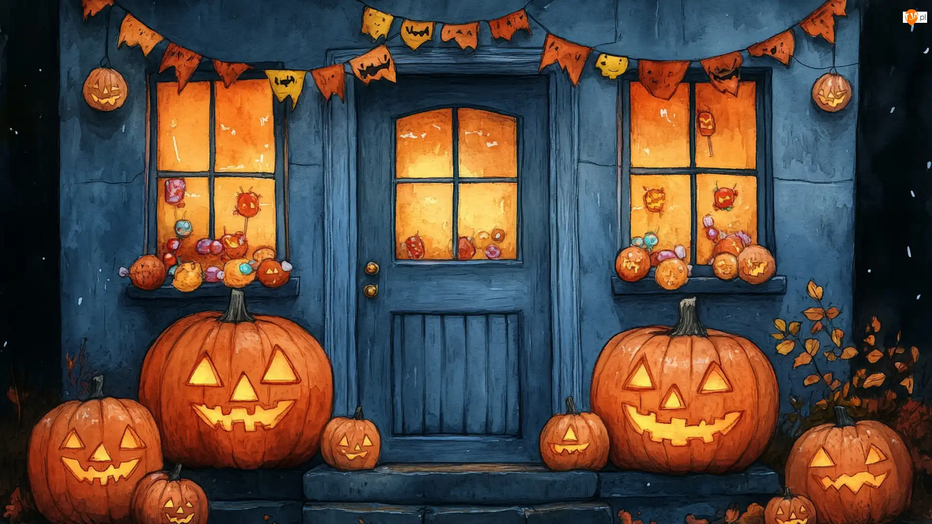 Oświetlony, Halloween, Dynie, Dom