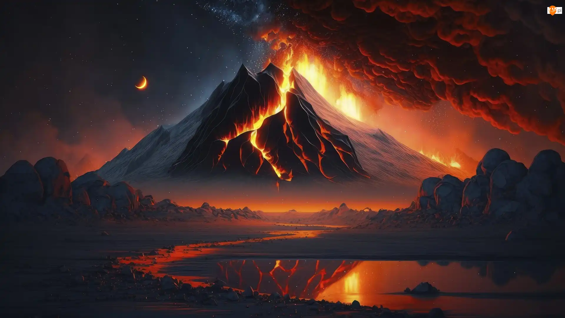 Kłęby, Skały, Księżyc, Jezioro, Erupcja, Noc, Dymu, Wulkan, Odbicie, Ogień, AI