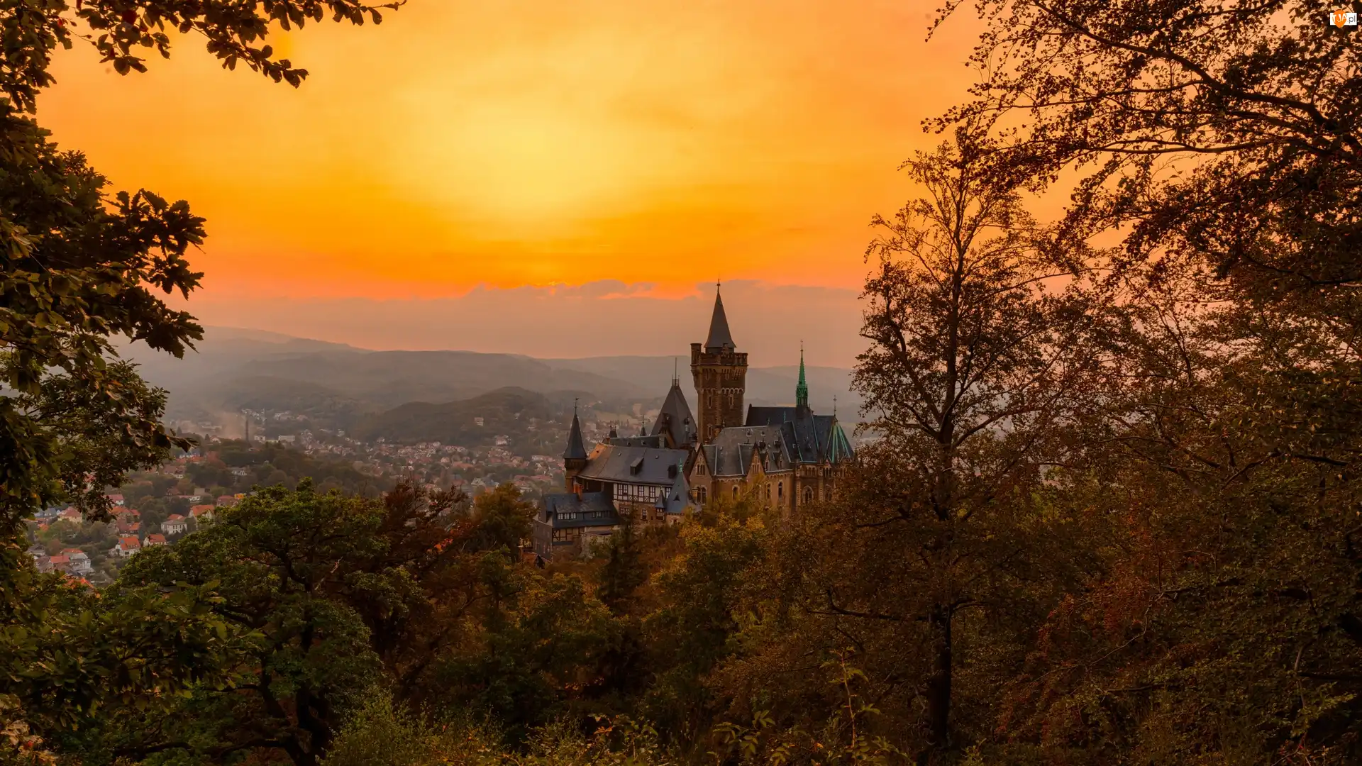 Saksonia-Anhalt, Miasto Wernigerode, Drzewa, Niemcy, Las, Wzgórza, Zamek Wernigerode Zachód słońca