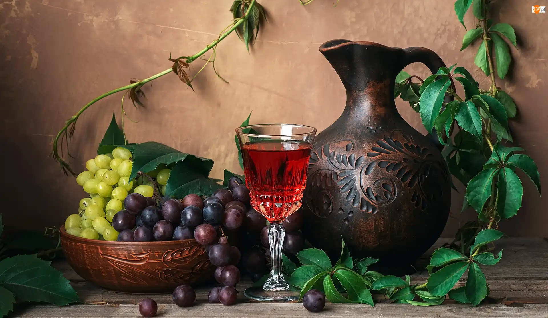 Kieliszek, Liście, Dzban, Kompozycja, Winogrona