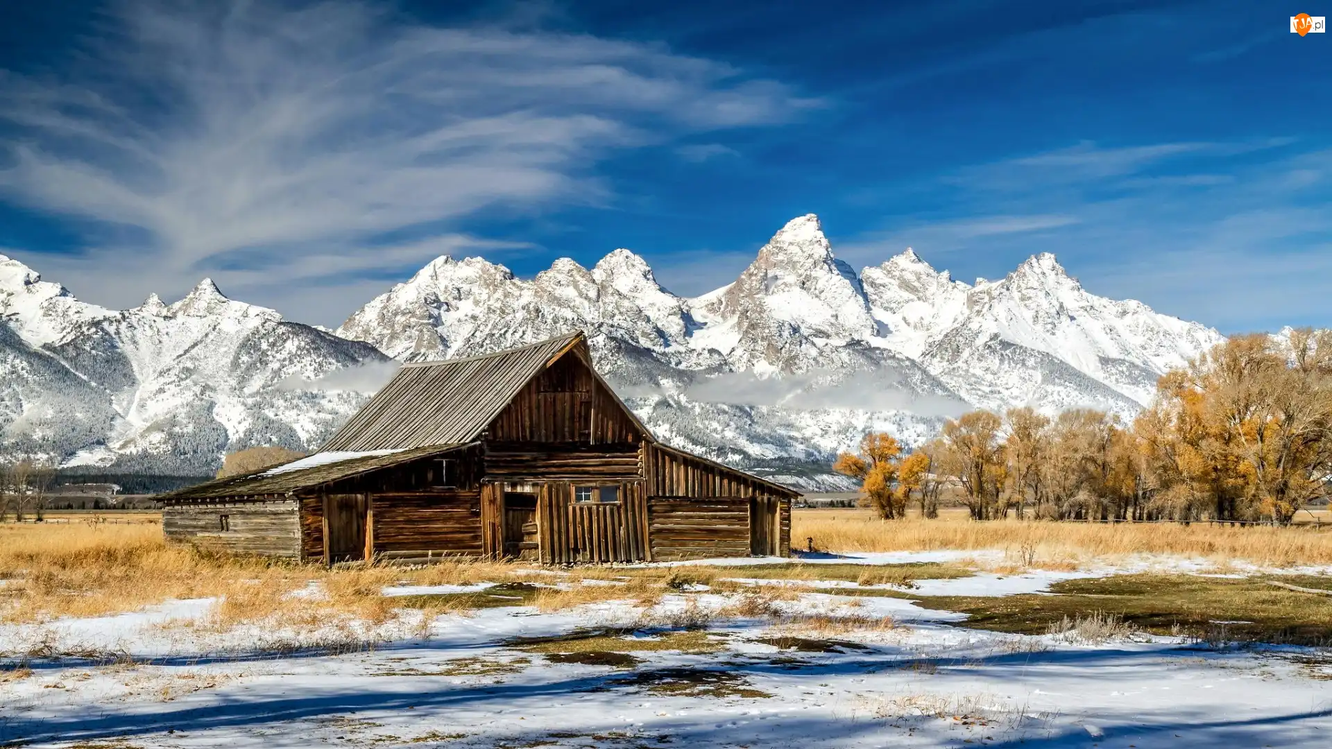 Park Narodowy Grand Teton, Drewniana, Śnieg, Stan Wyoming, Chata, Drzewa, Stany Zjednoczone, Góry Teton Range