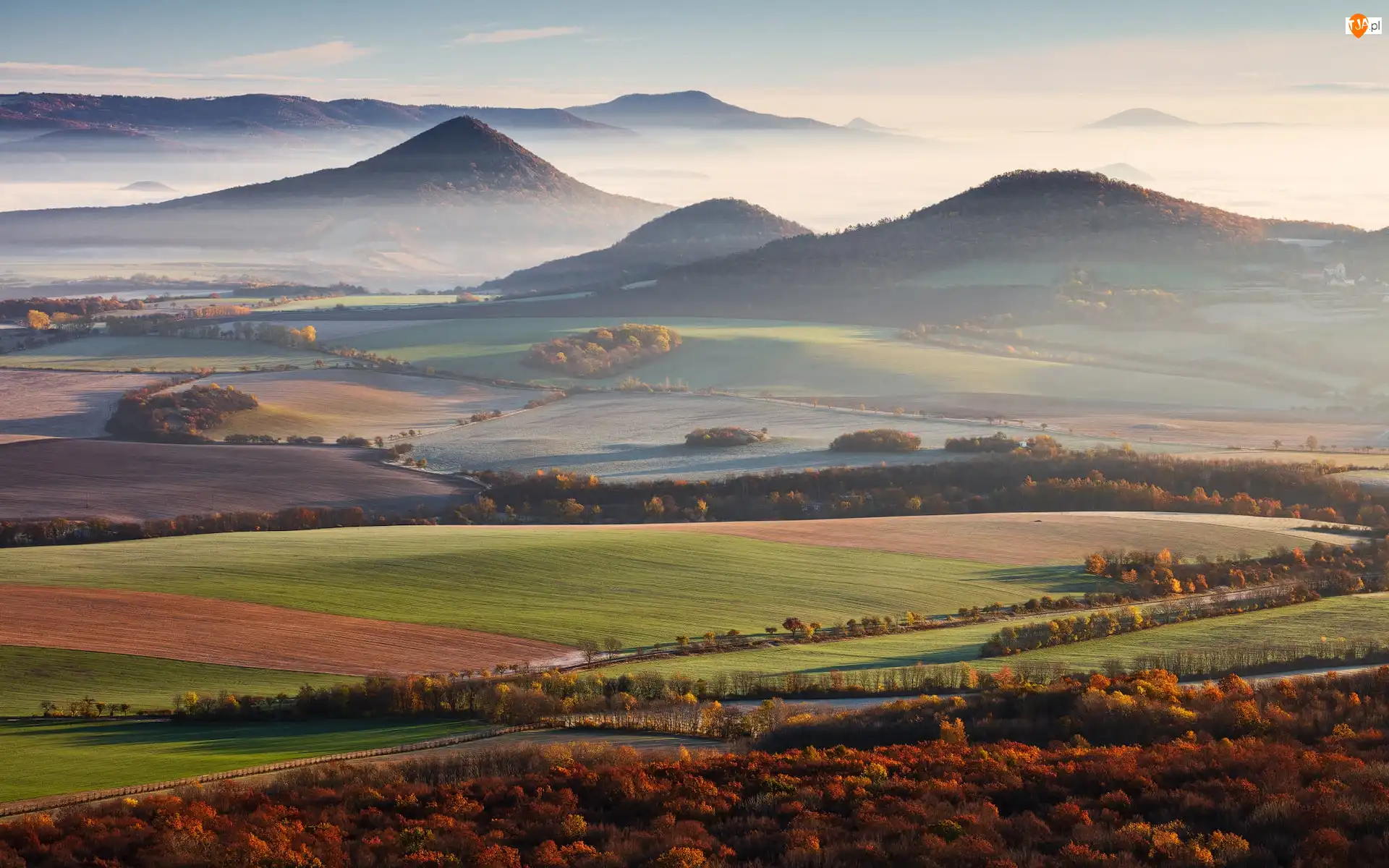 Wzgórza, Góry, Pola, Mgła, Łąki, Lasy