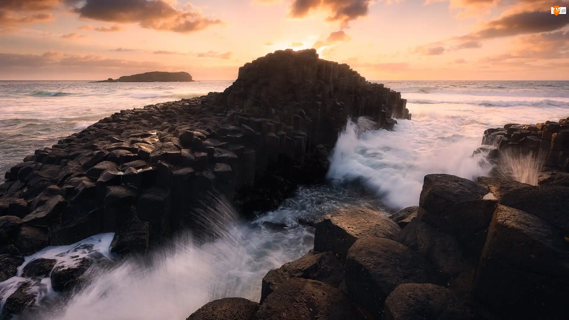 Fingal Head, Zachód słońca, Bazaltowe, Nowa Południowa Walia, Morze Tasmana, Skały, Australia, Fale