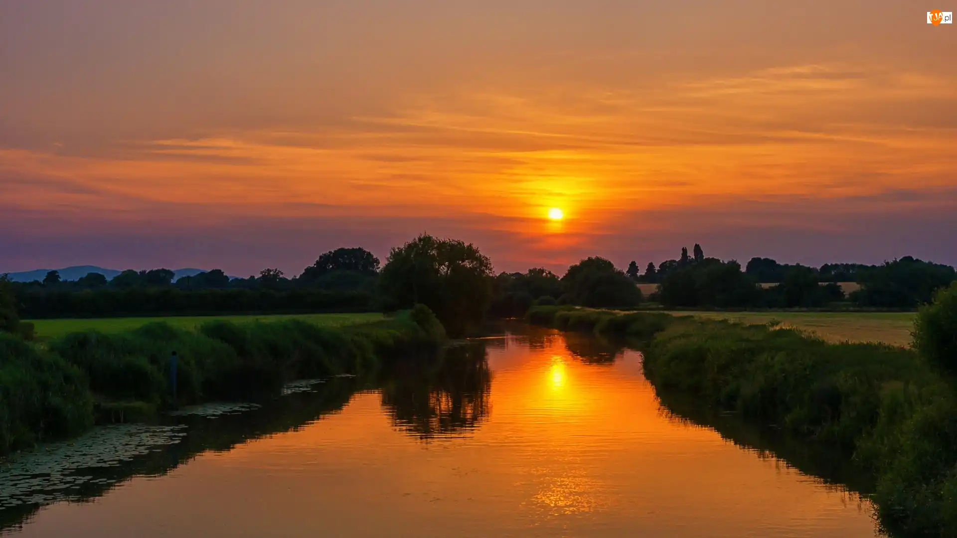 Rzeka, Drzewa, Słońca, Zachód, Łąki