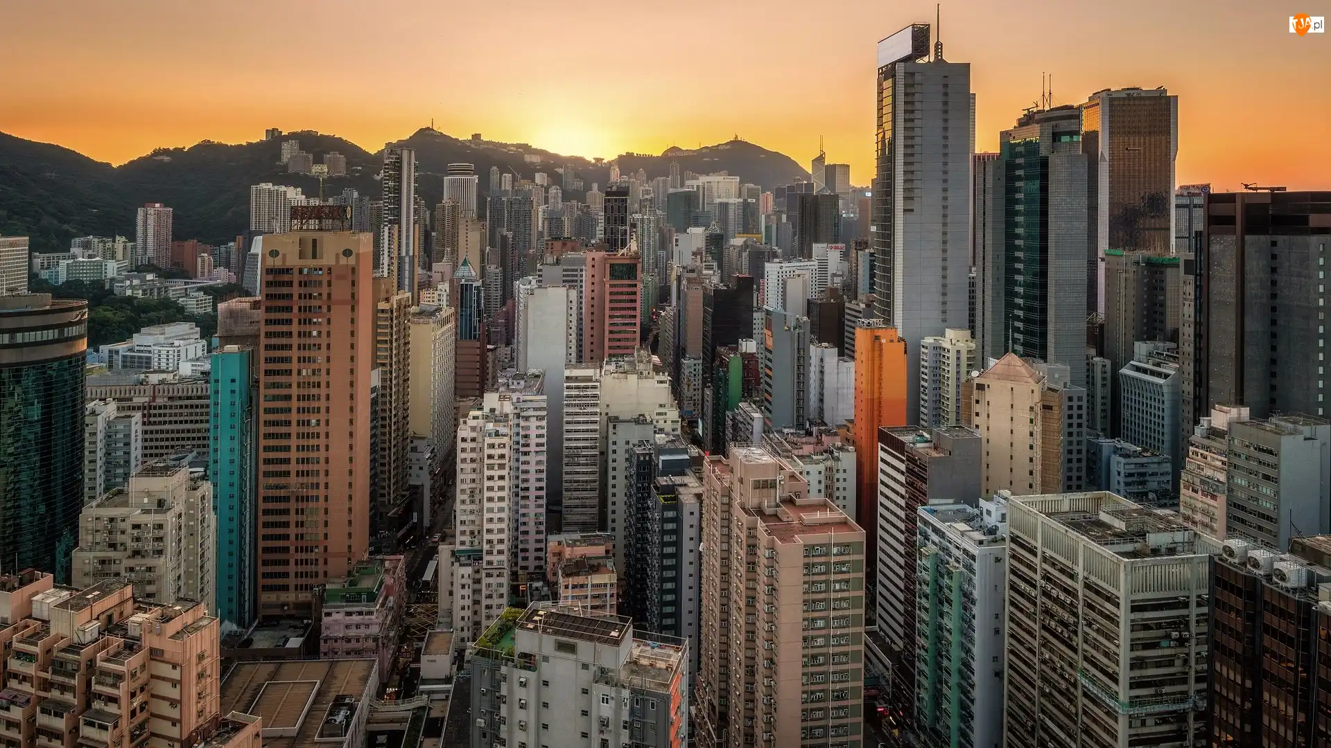 Chiny, Zachód słońca, Drapacze chmur, Hongkong