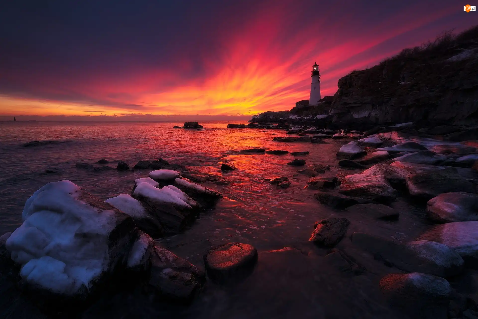 Stan Maine, Cape Elizabeth, Zachód słońca, Stany Zjednoczone, Skały, Wybrzeże, Latarnia morska Portland Head Light