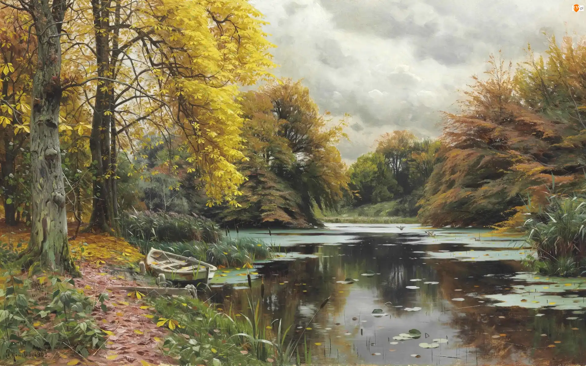 Peder Mork Monsted, Reprodukcja, Łódka, Las, Drzewa, Pejzaż, Jesień, Obraz, Rzeka