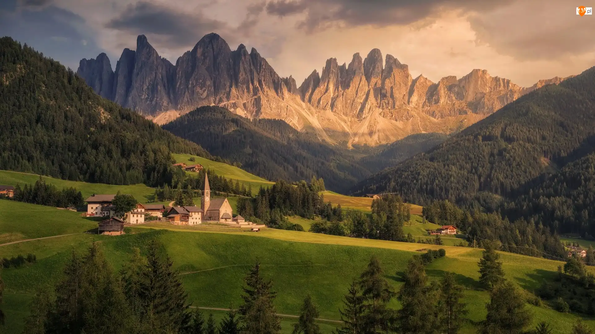 Włochy, Lasy, Zabudowania, Drzewa, Dolomity, Góry, Wieś Santa Maddalena, Masyw Odle, Dolina Val di Funes, Kościół