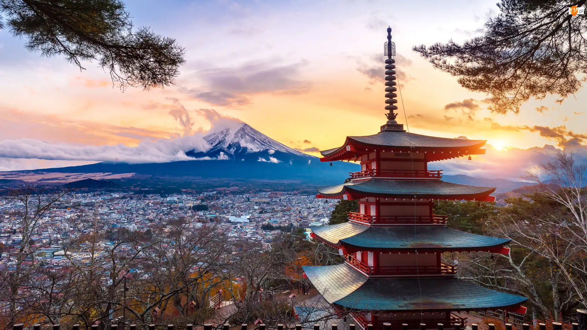 Japonia, Chureito Pagoda, Wyspa Honsiu, Miasto Fujiyoshida, Prefektura Yamanashi, Góra, Fudżi, Świątynia, Mount Fuji
