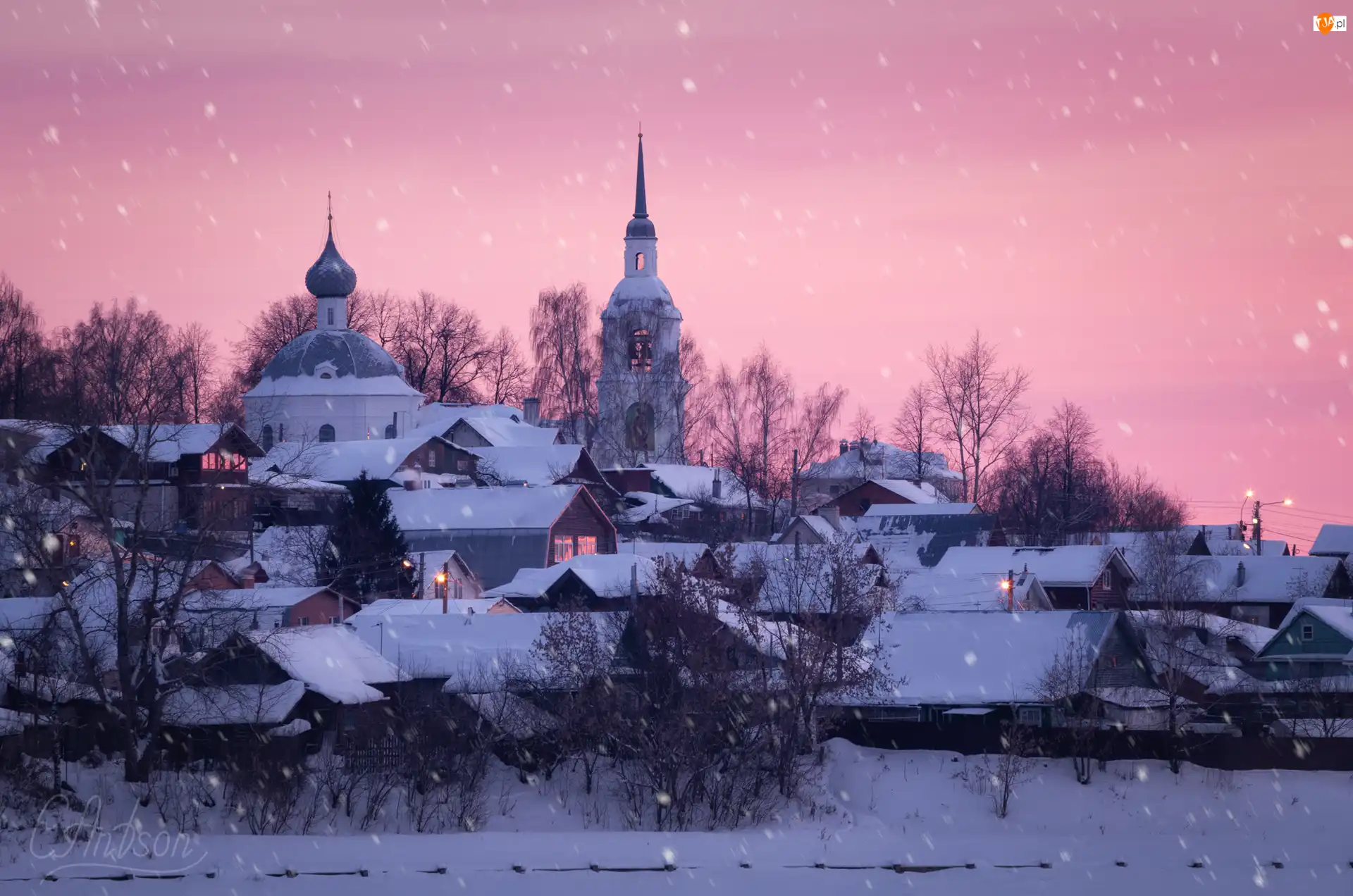 Zima, Domy, Padający, Kostroma, Cerkiew, Śnieg, Rosja, Drzewa