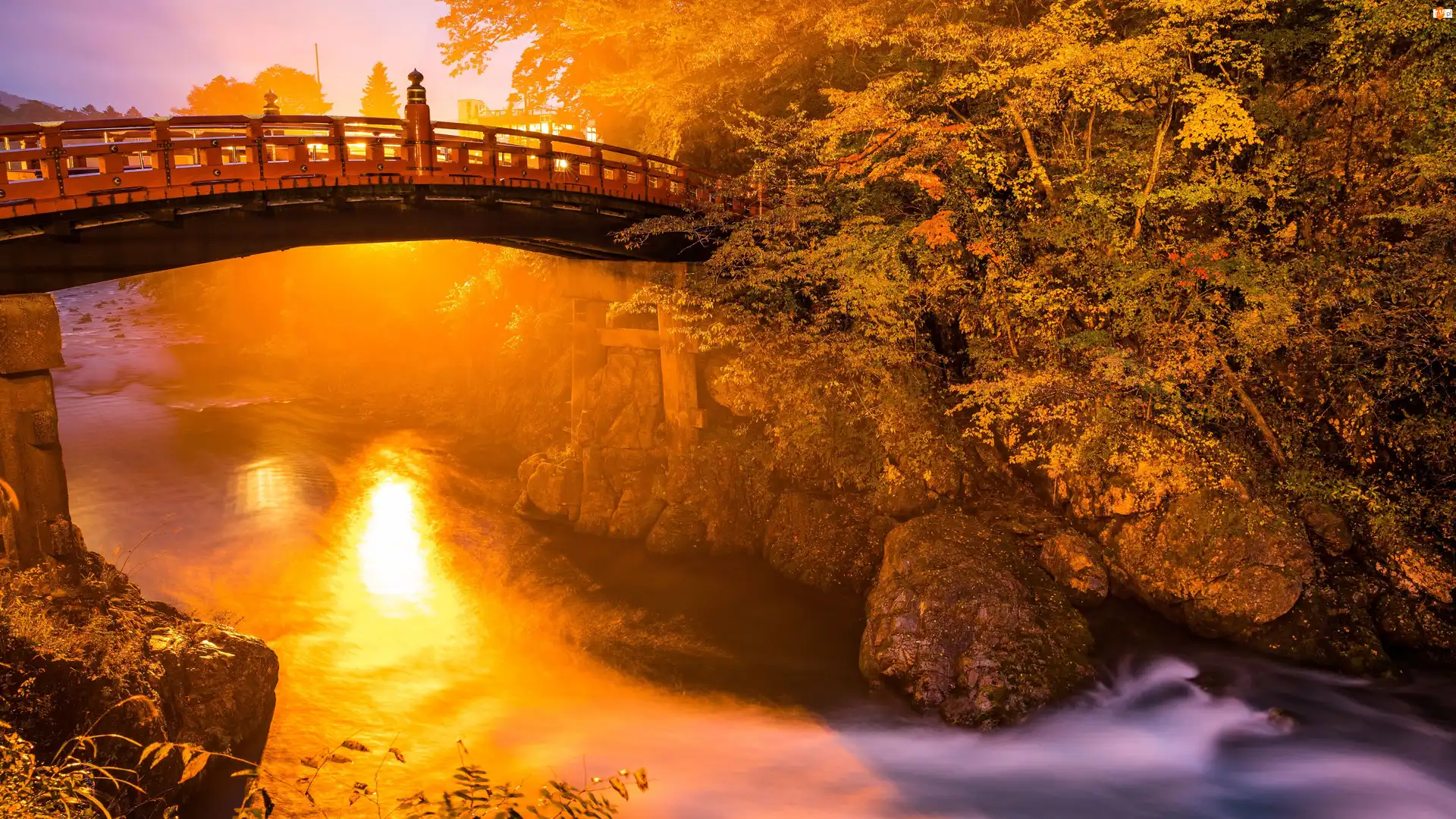 Roślinność, Zachód słońca, Rzeka, Nikko, Most, Skały, Japonia, Shinkyo Bridge