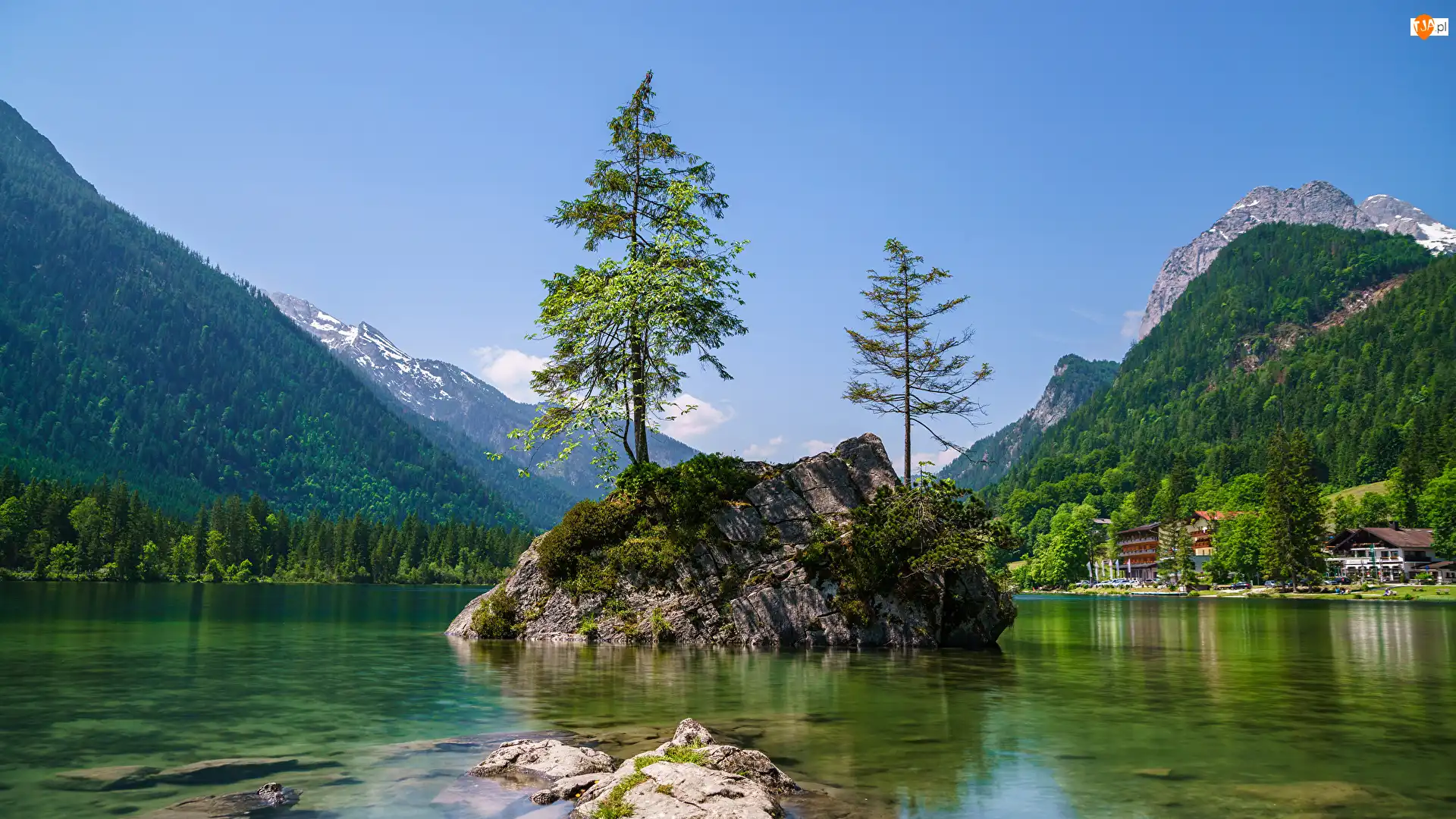 Gmina Berchtesgadener, Jezioro Hintersee, Skały, Bawaria, Góry Alpy, Kamienie, Niemcy, Drzewa