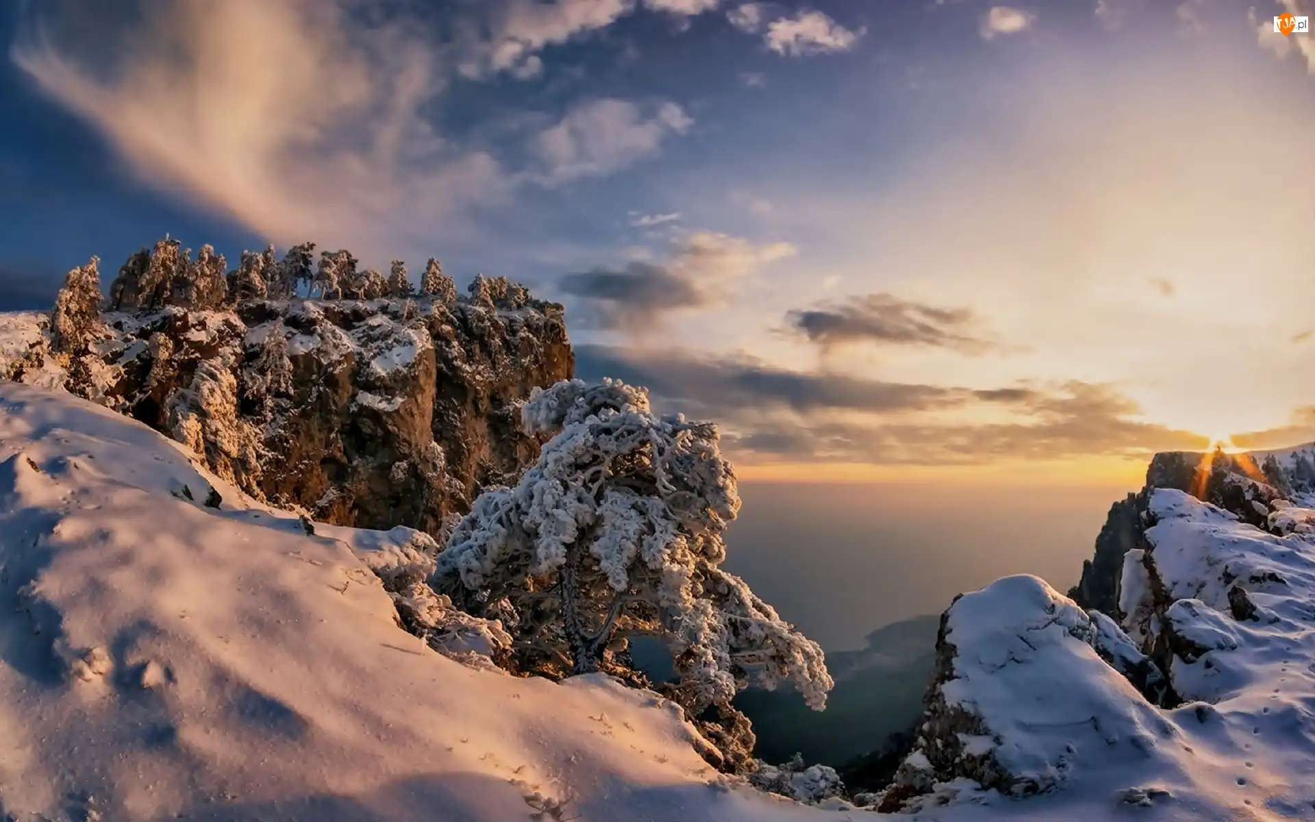 Śnieg, Zima, Jezioro, Skały, Góry, Zachód Słońca