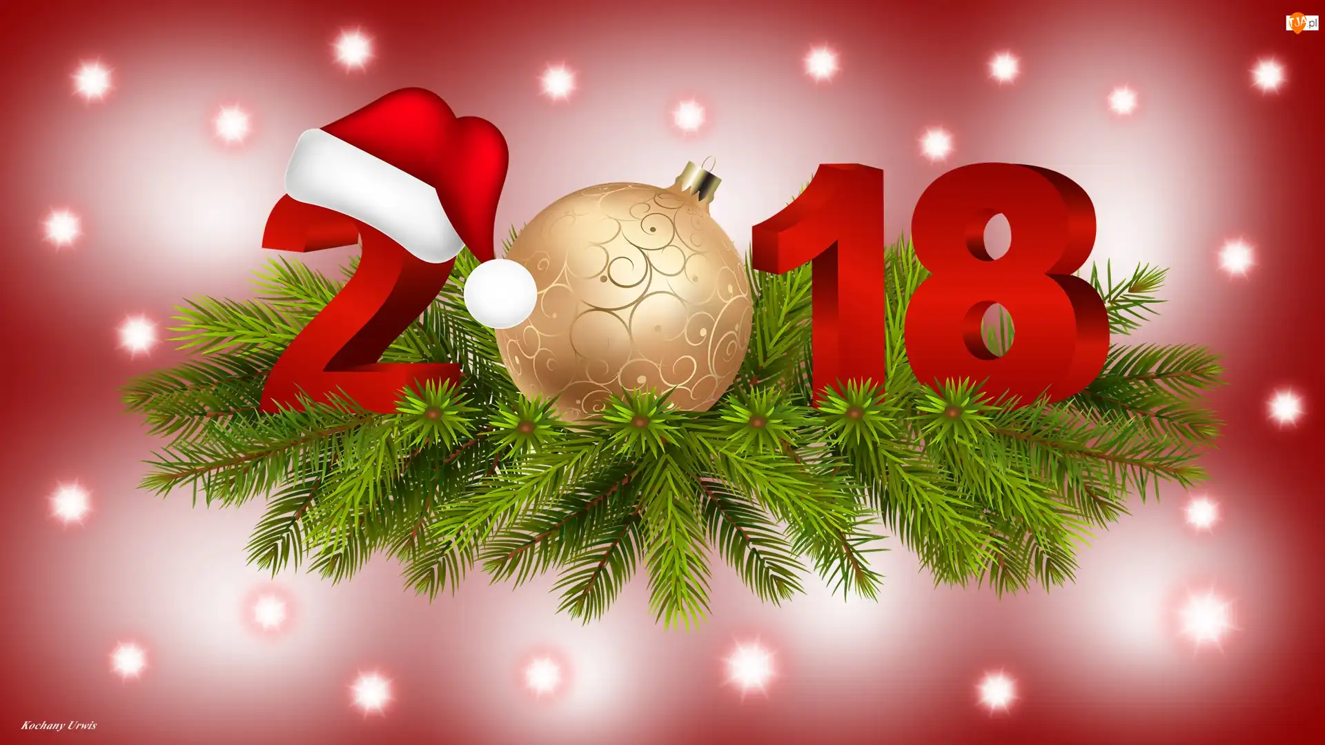 2018, Gałązka, Mikołaja, Nowy Rok, Czapka, Bombka, Świerk