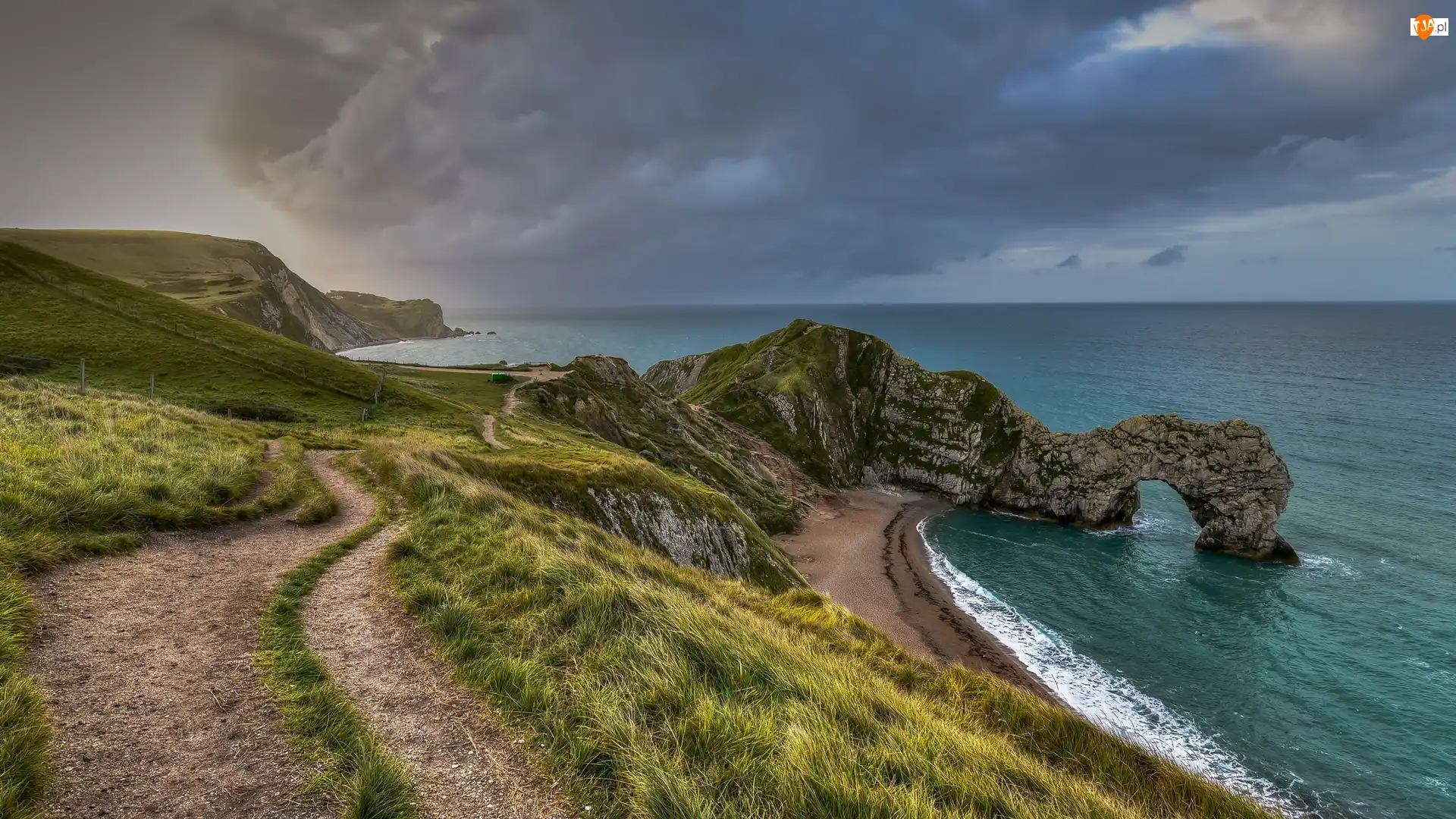 Hrabstwo Dorset, Morze, Chmury, Anglia, Łuk wapienny Durdle Door, Skała, Wybrzeże Jurajskie