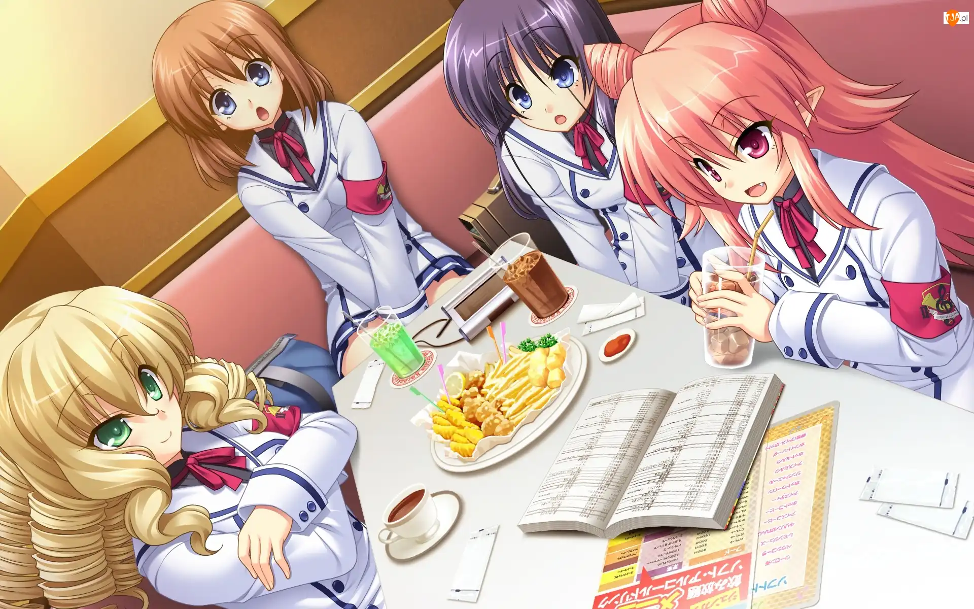 Książka, Dziewczyny, Jedzenie, Manga, Restauracja, Napoje, Anime, Stół