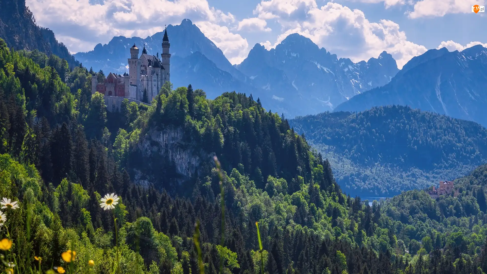 Bawaria, Niemcy, Góry, Chmury, Zamek Neuschwanstein, Drzewa