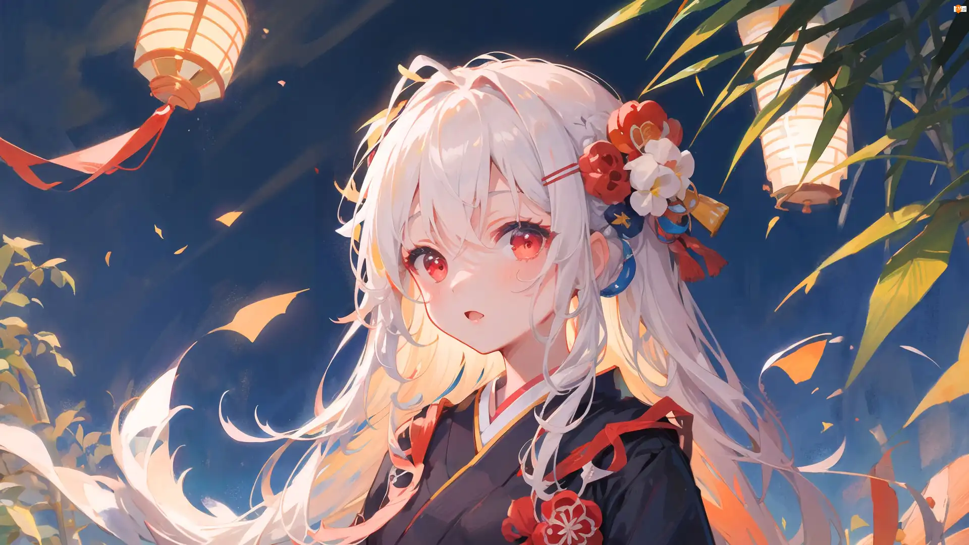 Kimono, Blondynka, Anime, Dziewczyna, Latarenki, Spinka do włosów, Kwiaty