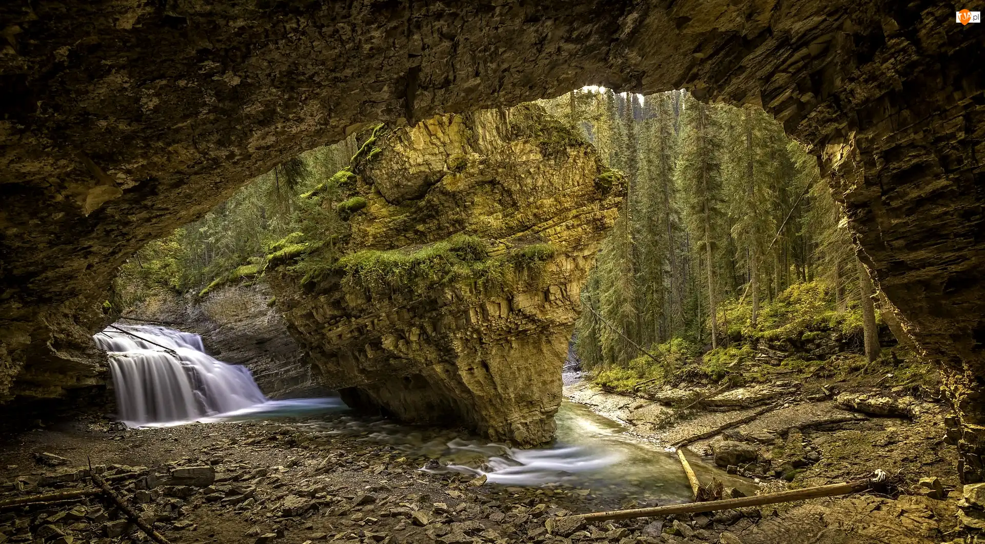 Park Narodowy Banff, Johnston Canyon, Drzewa, Kanada, Wodospad, Skała, Jaskinia
