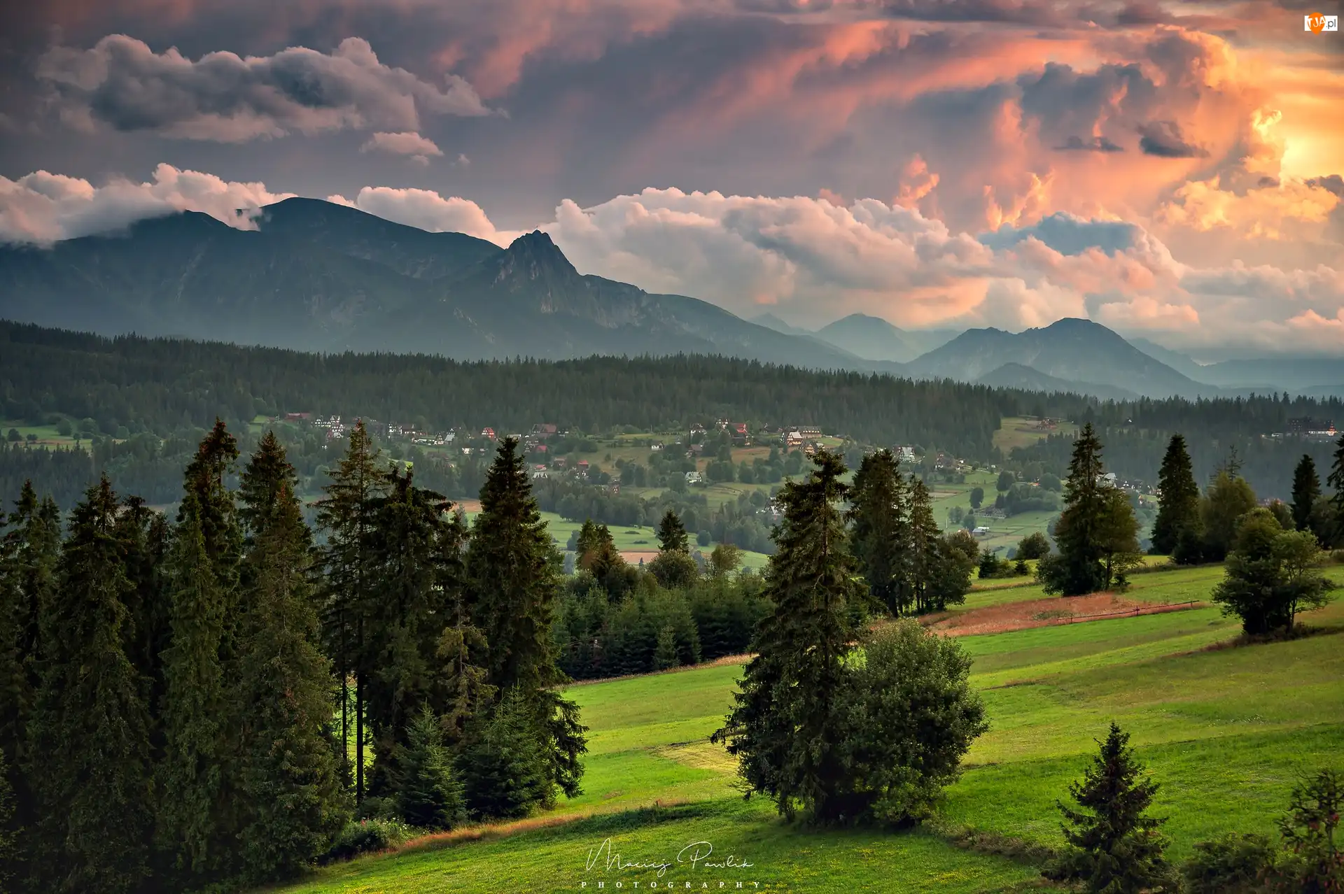 Tatry, Polana, Polska, Góry, Zachód słońca, Dolina, Drzewa