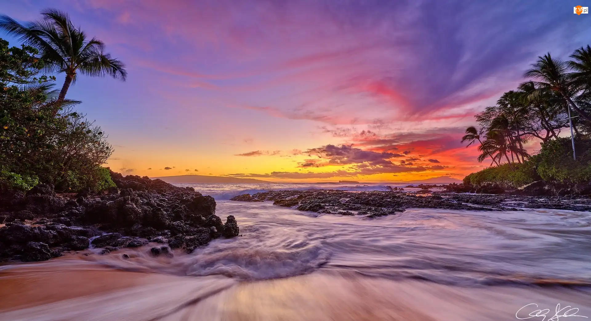Morze, Palmy, Wyspa Maui, Hawaje, Zachód słońca
