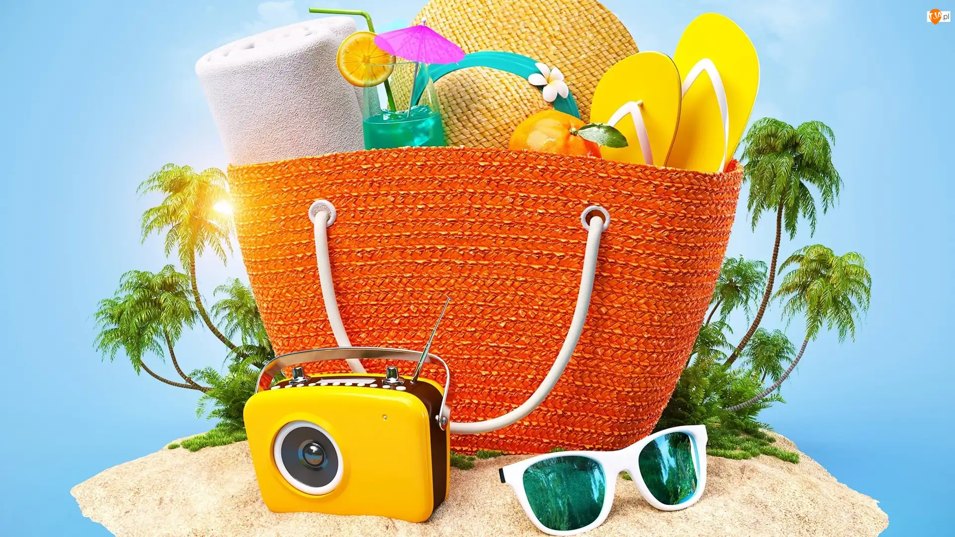 Palmy, Radio, Kapelusz, Okulary, Wakacje, Drink, Torba, Lato, Klapki, Plaża, Grafika 2D