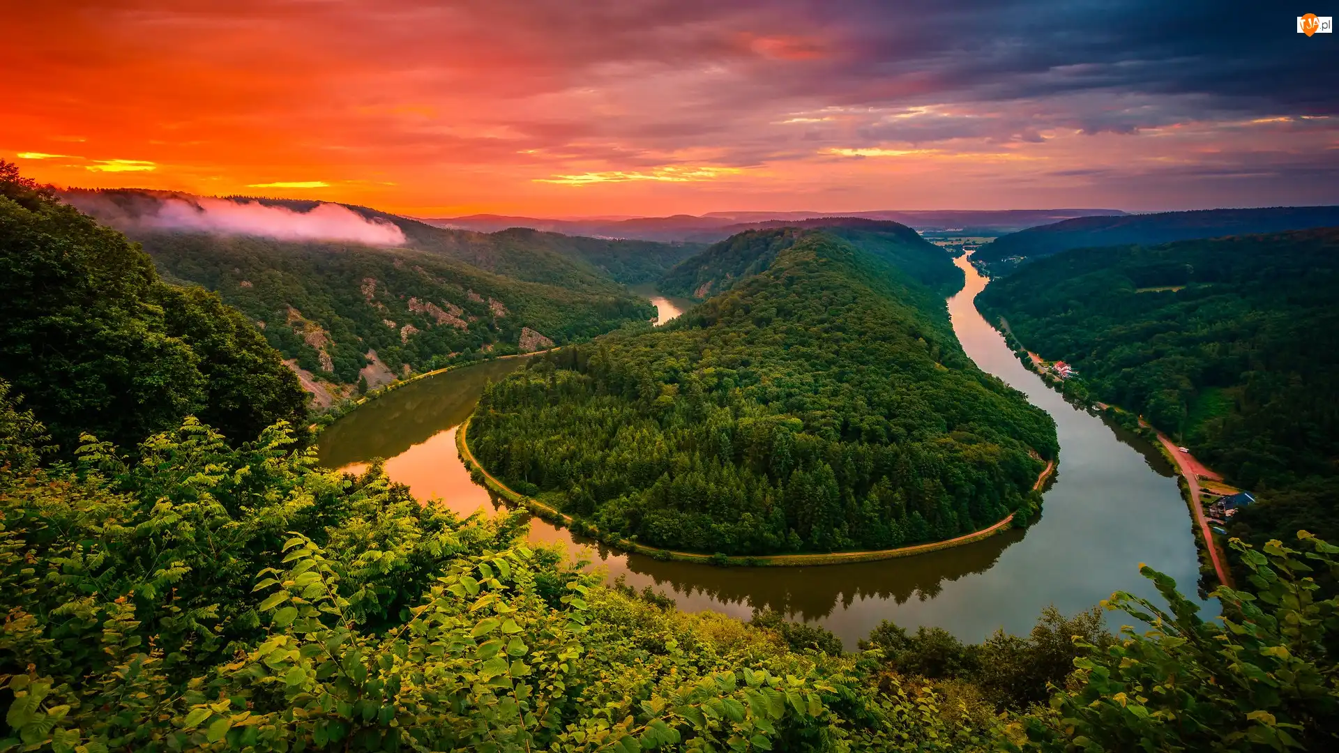 Saara River, Zielone, Niemcy, Rzeka, Mettlach, Zachód słońca, Lasy