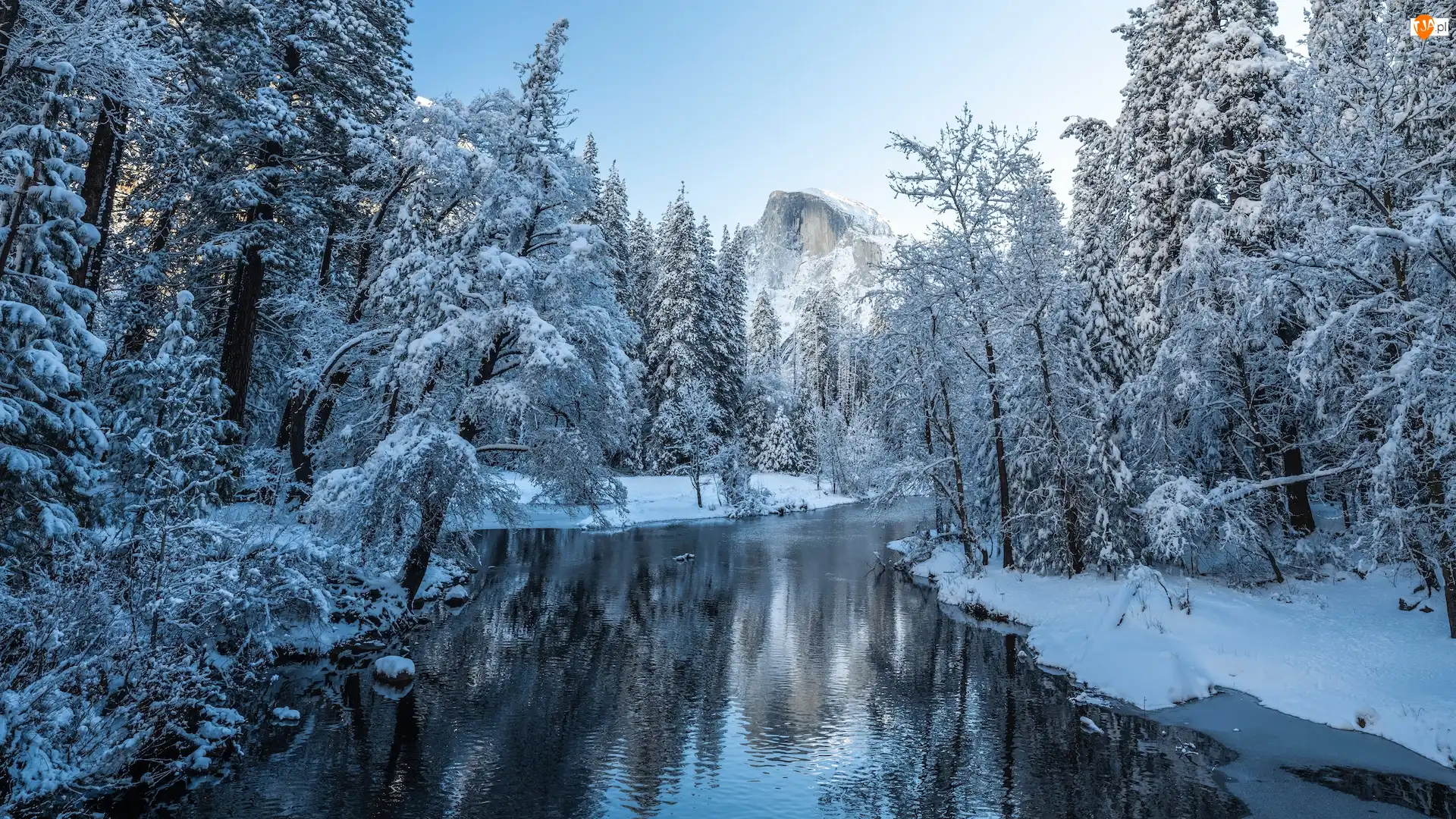 Ośnieżone, Merced River, Zima, Rzeka, Kalifornia, Stany Zjednoczone, Góra, Park Narodowy Yosemite, Half Dome, Drzewa