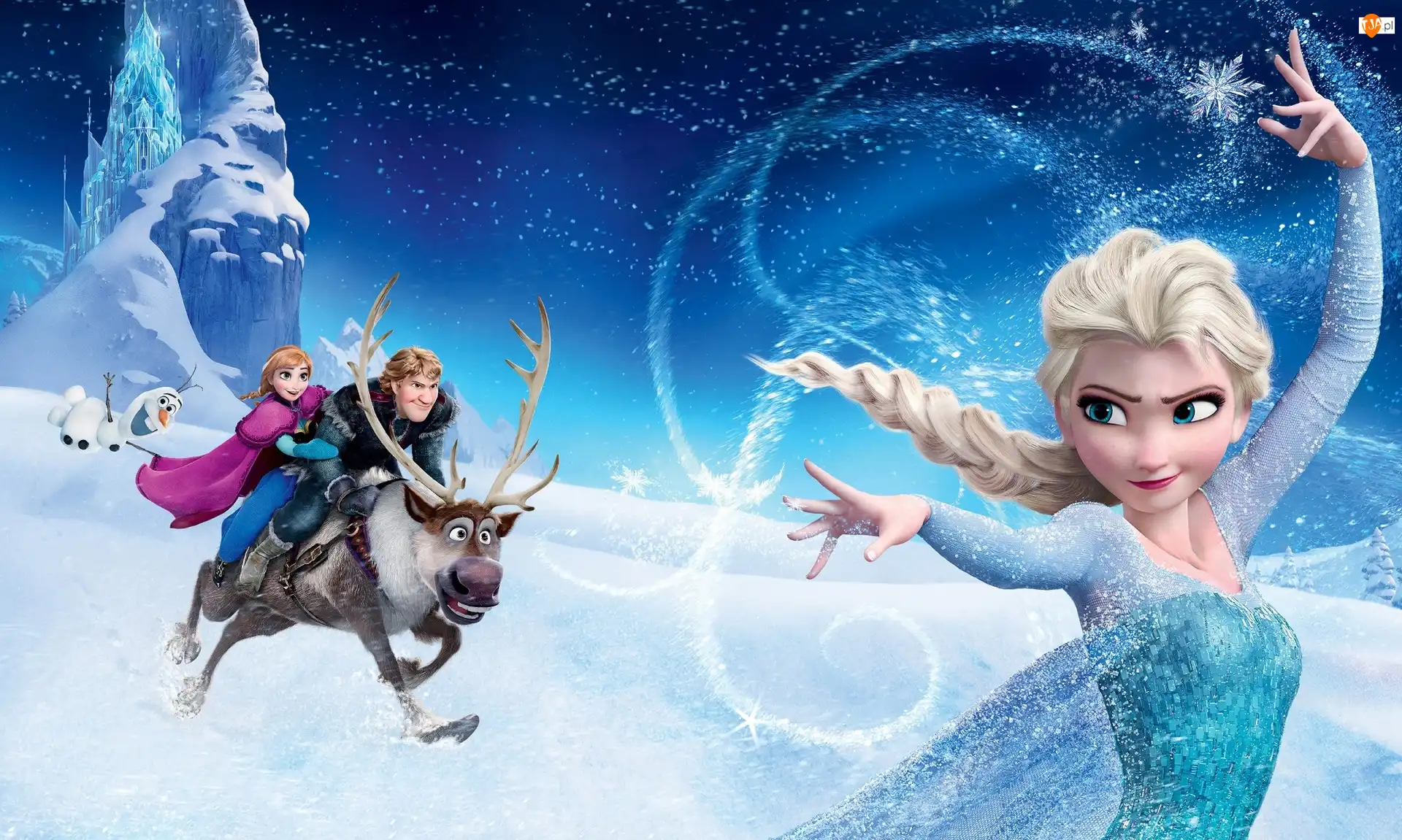 Zima, Zamek, Kristoff, Księżniczka Elsa, Kraina lodu, Renifer Sven, Śnieg, Bajka, Anna, Frozen, Bałwan Olaf