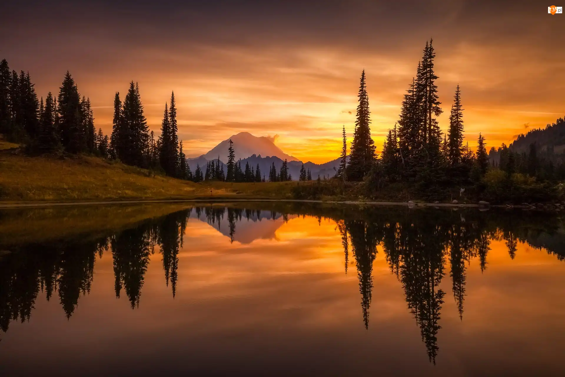Stan Waszyngton, Park Narodowy Mount Rainier Stratowulkan Mount Rainier, Zachód Słońca, Stany Zjednoczone, Odbicie, Drzewa, Jezioro