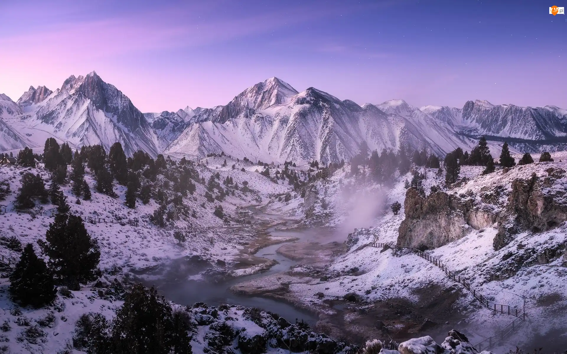 Miejscowość Mammoth Lakes, Zima, Hot Creek, Dolina, Kalifornia, Lasy państwowe, Góry, Stany Zjednoczone, Rzeka, Hrabstwo Mono, Inyo National Forest
