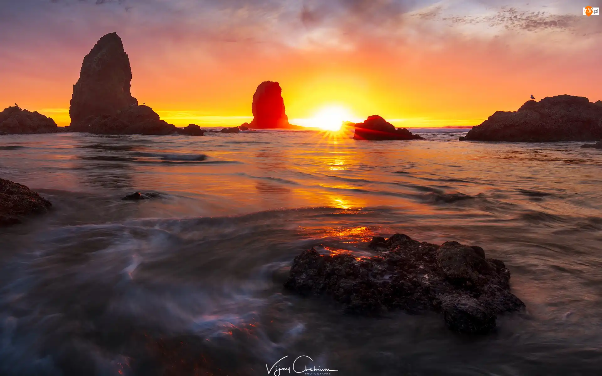 Morze, Ocean Spokojny, Stany Zjednoczone, Skały, Stan Oregon, Miejscowość Cannon Beach, Zachód słońca