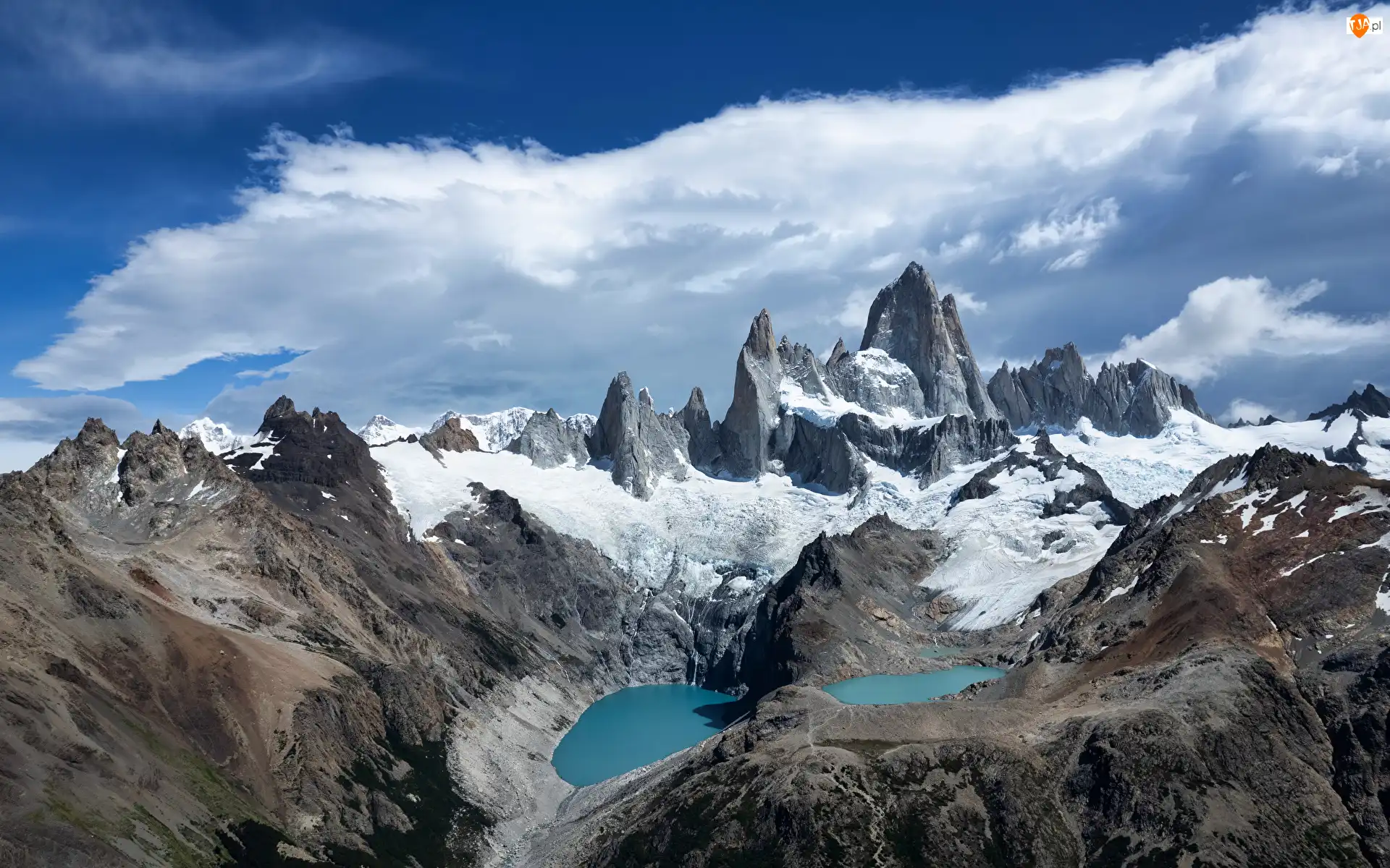 Patagonia, Ośnieżone, Niebo, Argentyna, Jeziora, Szczyt Fitz Roy, Góry