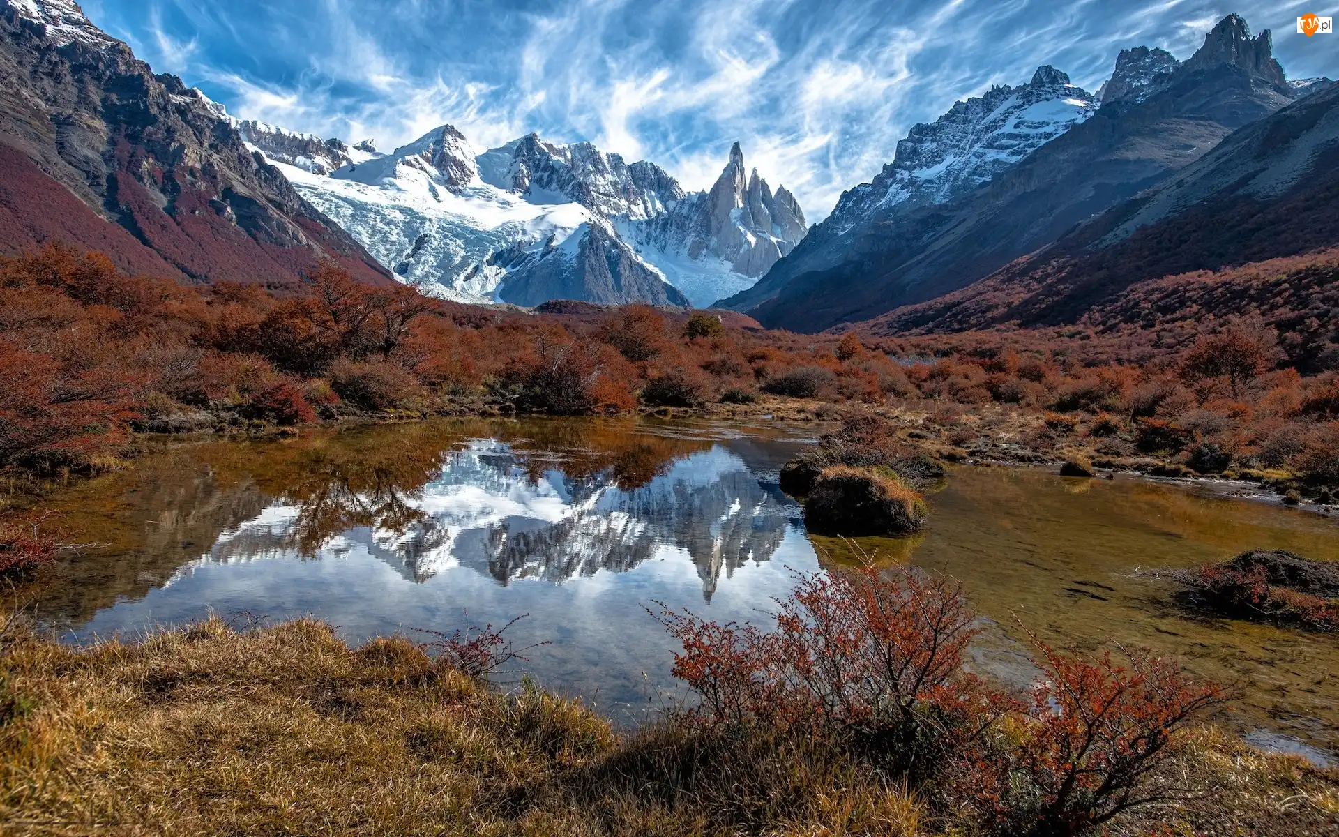 Kałuża, Góry, Jesień, Odbicie, Andy, Roślinność, Argentyna, Fitz Roy