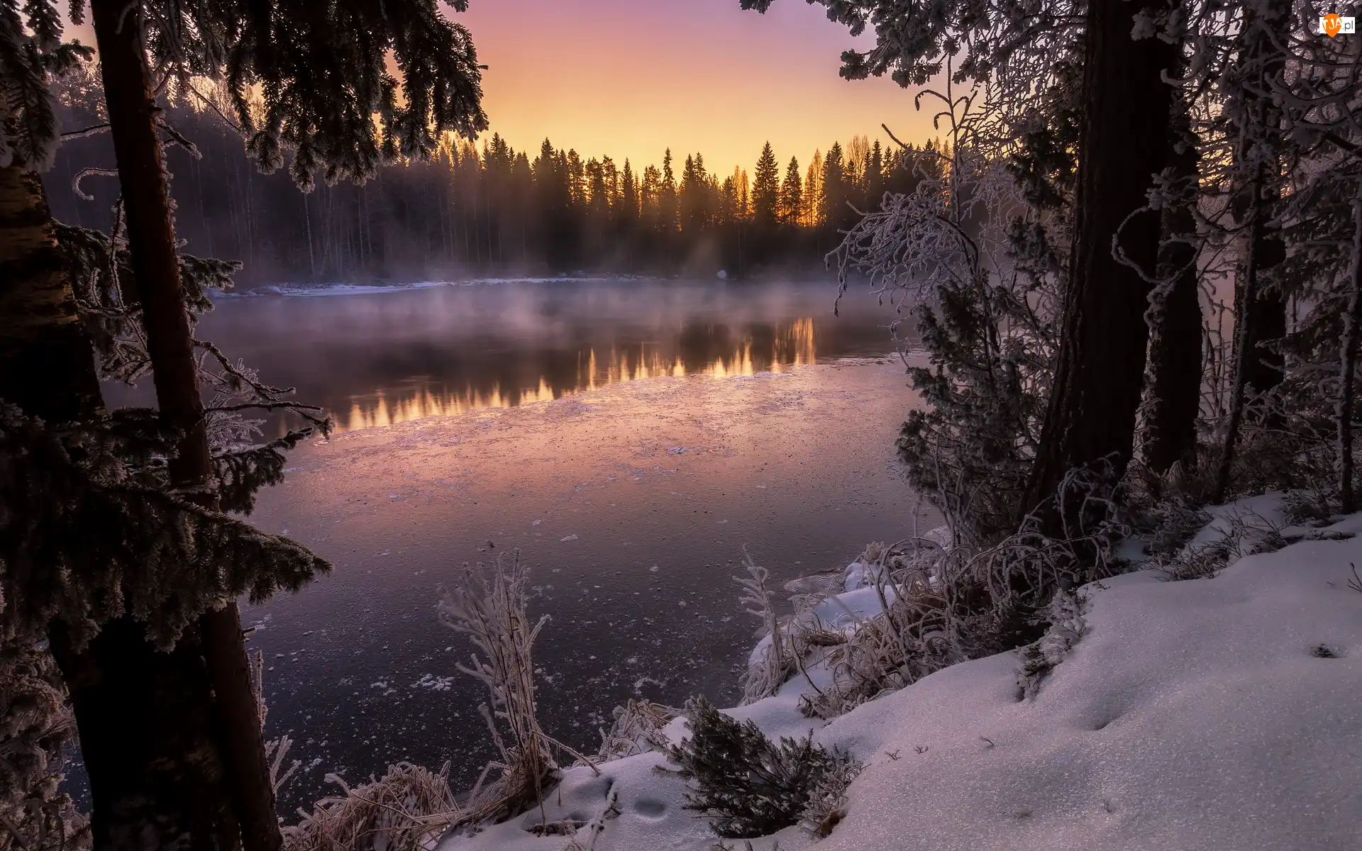 Jezioro, Wschód słońca, Lód, Kapeenkoski, Zima, Mgła, Finlandia, Śnieg