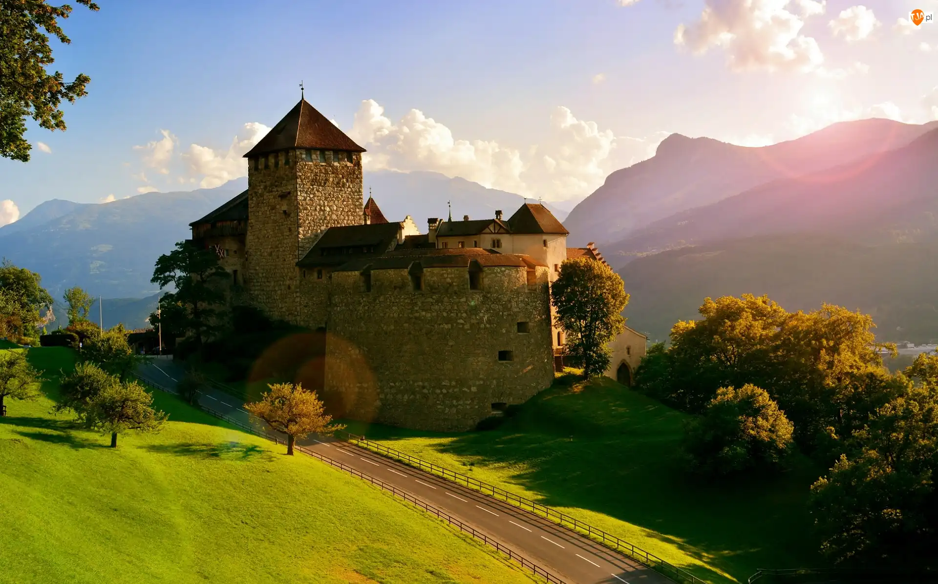 Vaduz, Liechtenstein, Góry Alpy, Drzewa, Zamek w Vaduz, Droga