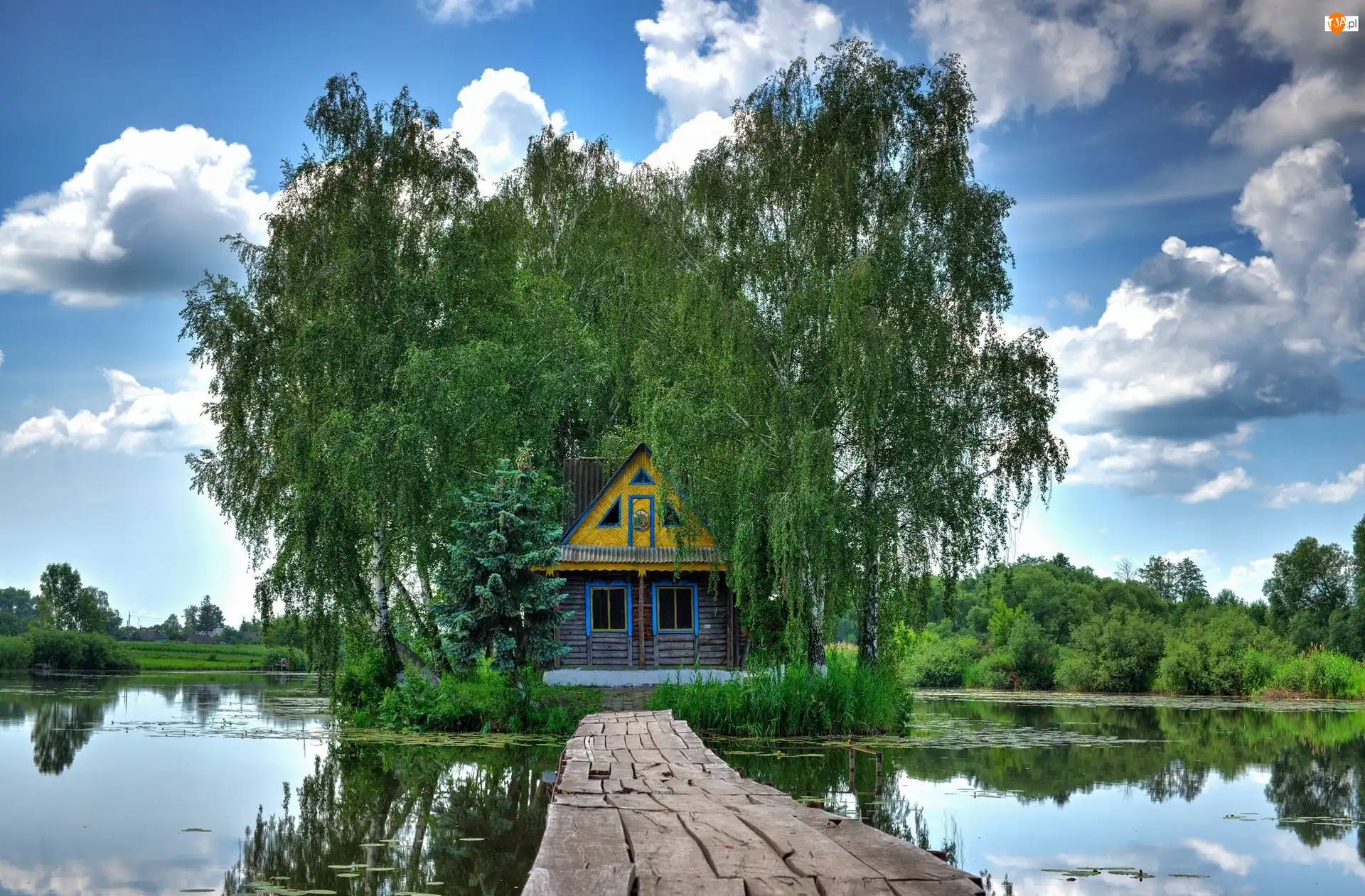Dom, Odbicie, Drzewa, Jezioro, Pomost