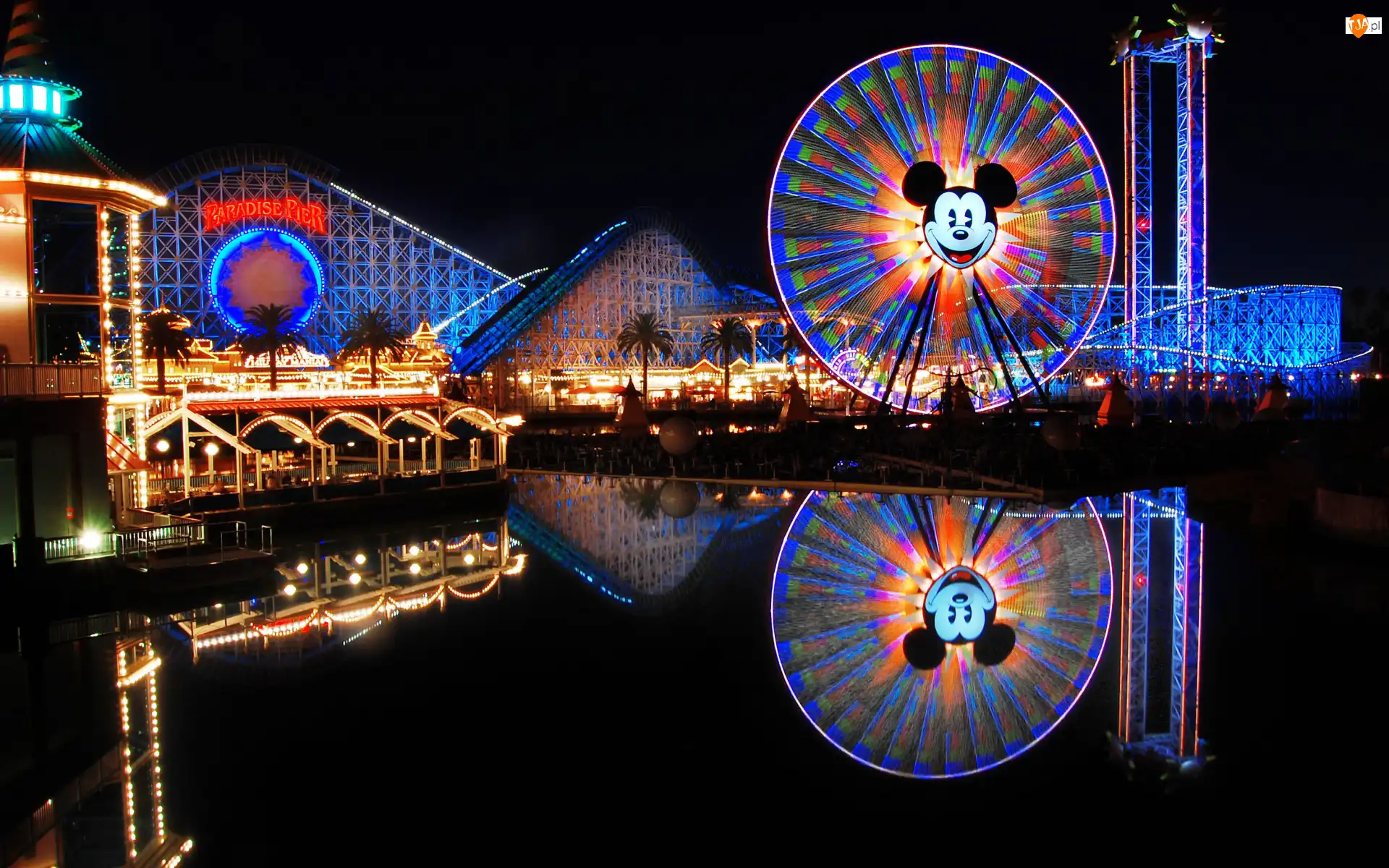 Kalifornia, Anaheim, Odbicie, Stany Zjednoczone, Noc, Diabelski młyn, Disneyland