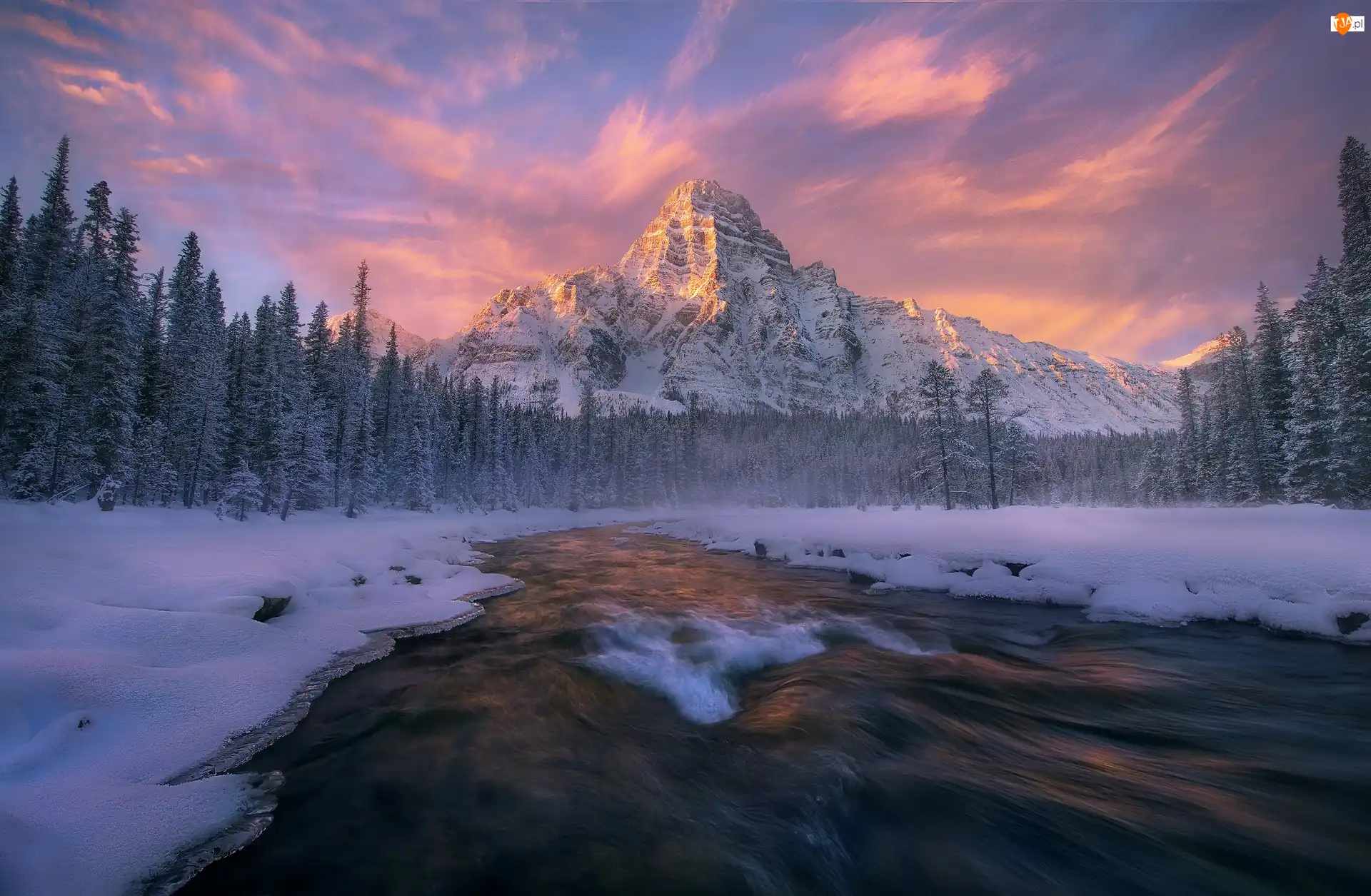 Park Narodowy Banff, Kanada, Rzeka, Góry
, Zima, Drzewa